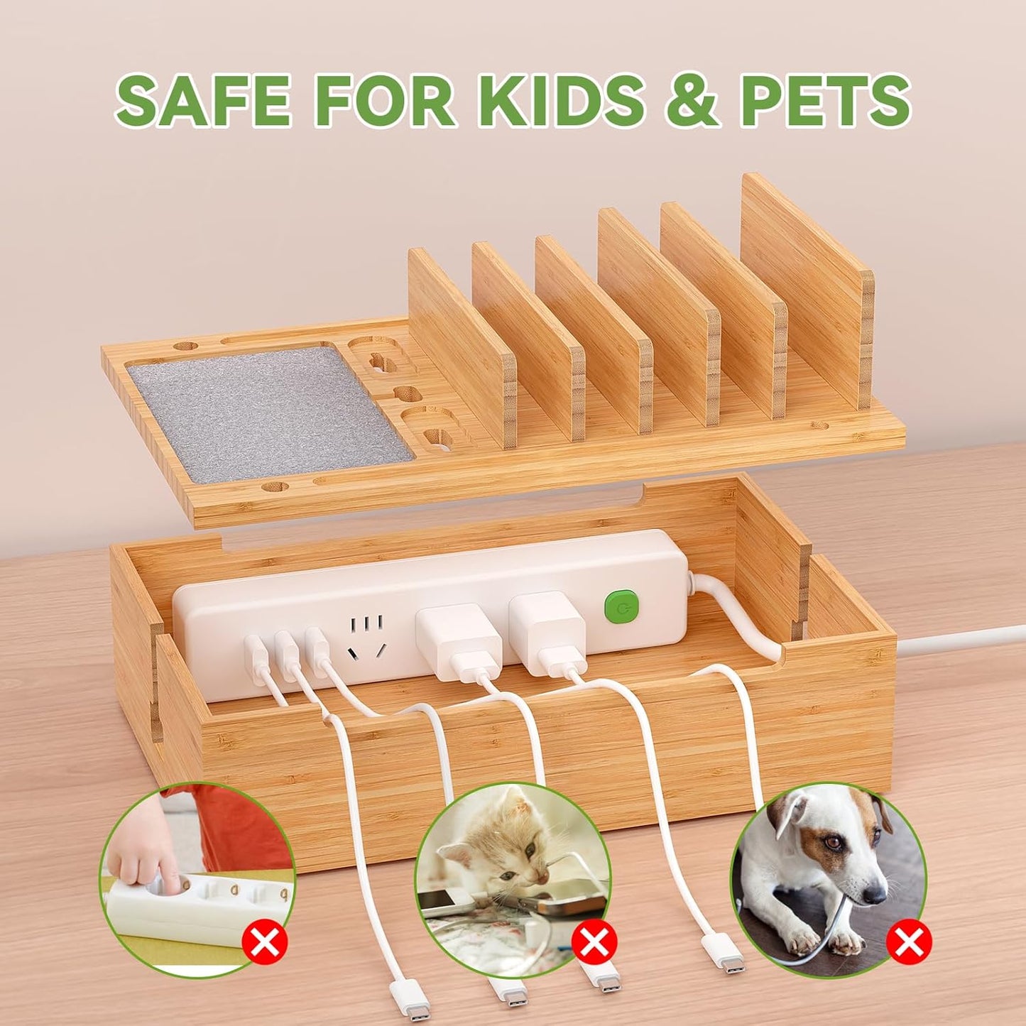 Pezin & Hulin Bamboo Charging Station for Multiple Devices, USB Charger Dock Organizer, with Power Supply (10 Ports HUB), 6 Cables, Cable Management Organizer for Cell Phones, Tablets -Natural Color