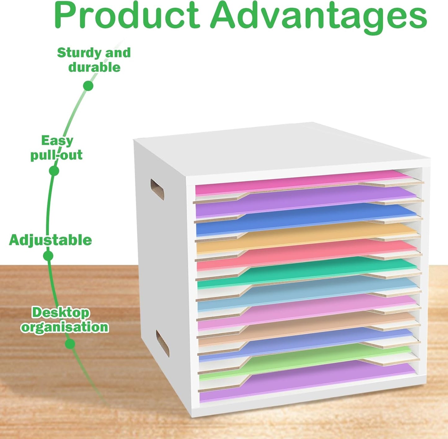 13"x13" Wooden Construction Paper Organizer, 12 Tier Larger Size Literature Organizer with Adjustable Shelves Letter Mail Tray Craft & Stamp Stackable Cardstock Storage Rack for Home Office Classrooms