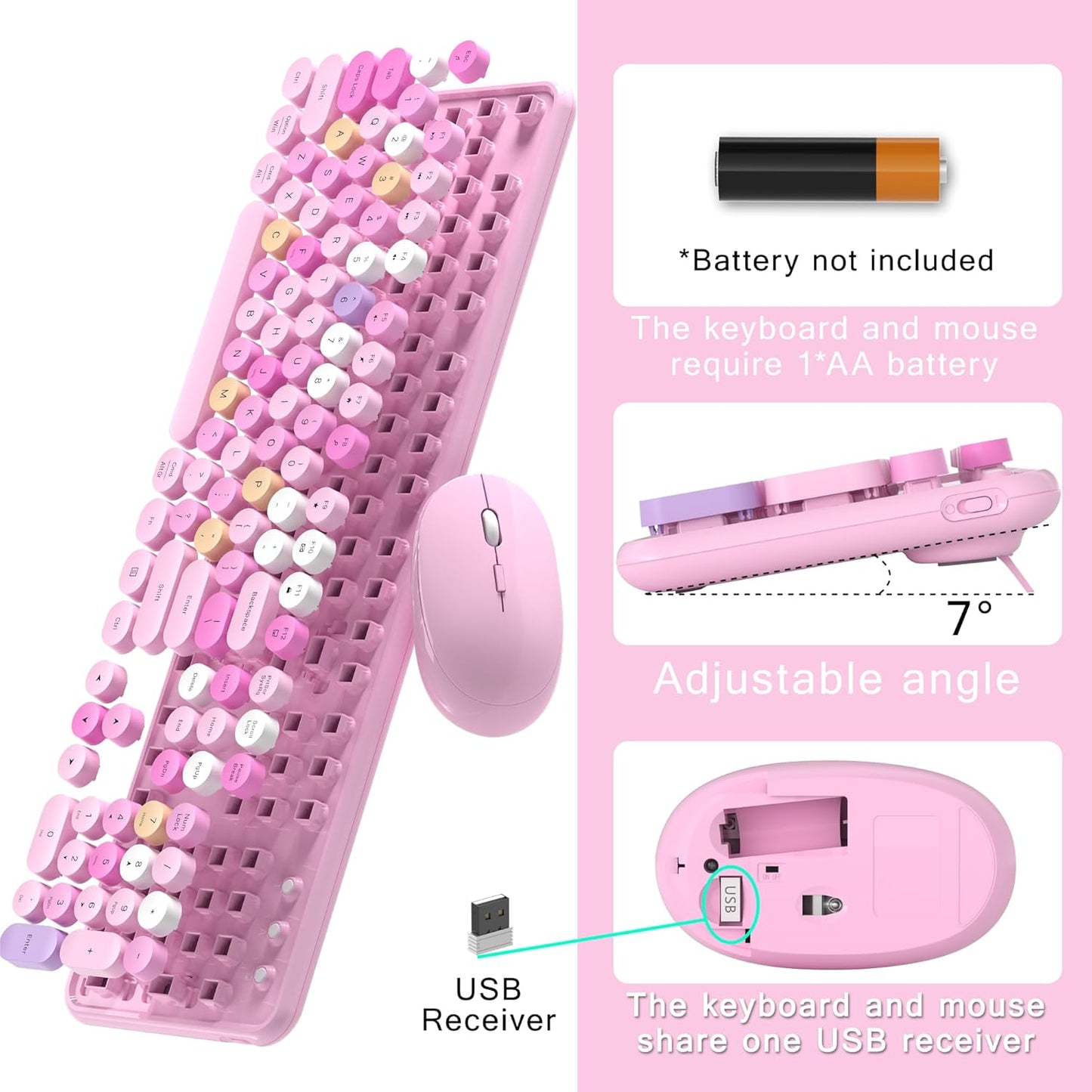 Colorful Wireless Computer Keyboard and Mouse Combo with Round Typewriter Keycaps, Retro Design, Power Switch, Ergonomic Design, 2.4GHz Wireless for Windows, Mac, PC(Pink-Colorful)