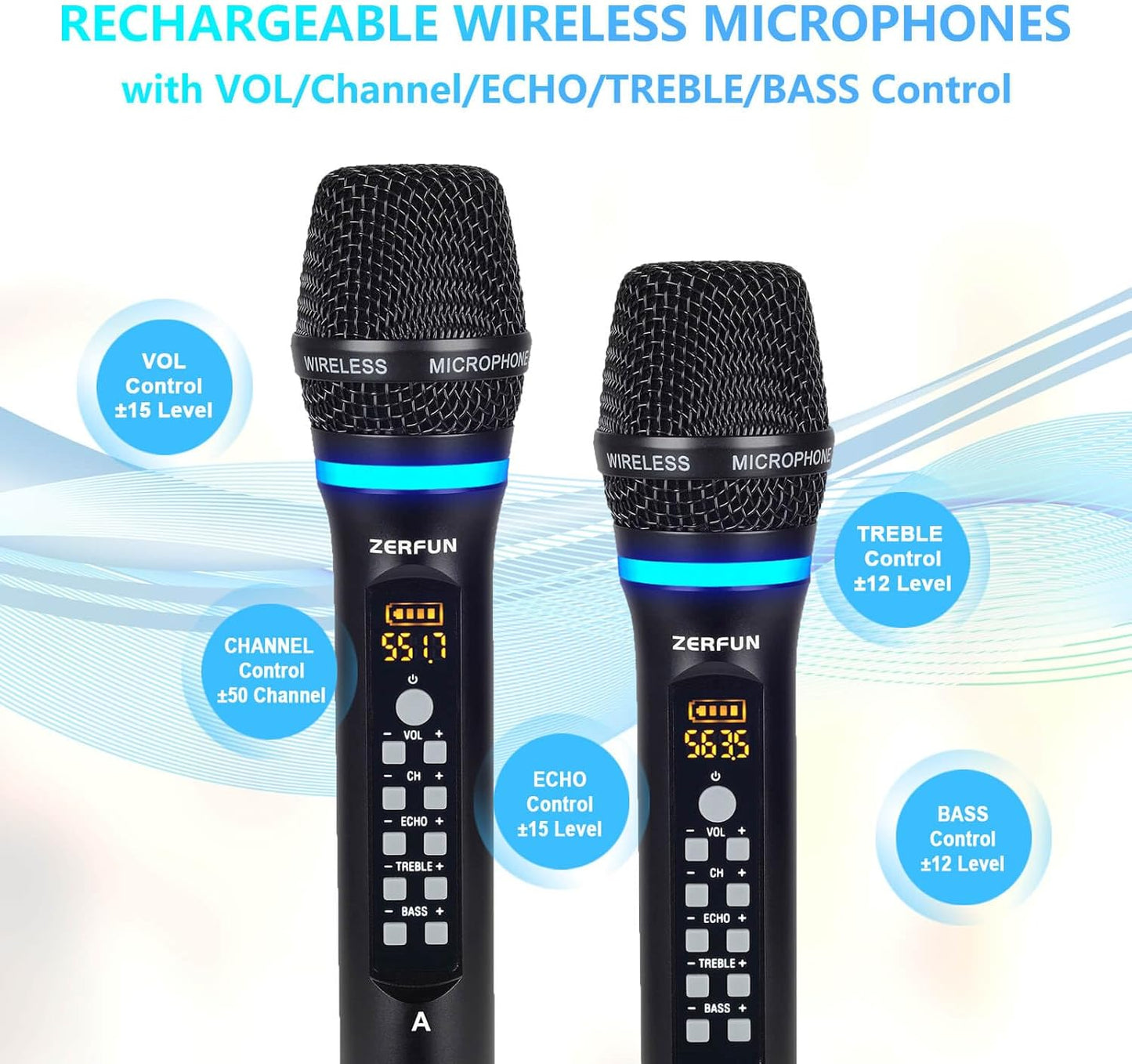 Rechargeable Wireless Microphone System 4 Channel Pro, UHF Metal Handheld Wireless Mics Cordless for Church Karaoke Singing with Echo Treble BASS VOL Channel Control(GT-200)