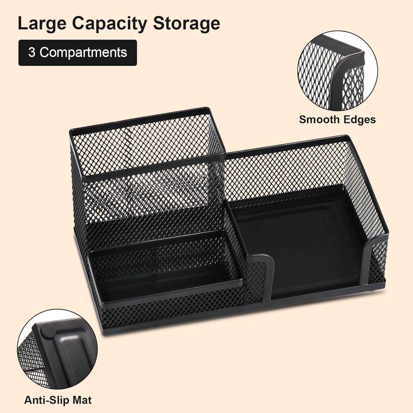 Comix Mesh Pen Pencil Holder Desk Organizer, 3 Compartment Wire Desktop Pen Pencil Cup Caddy Office Supplies Desk Accessories for Home Office School, Black