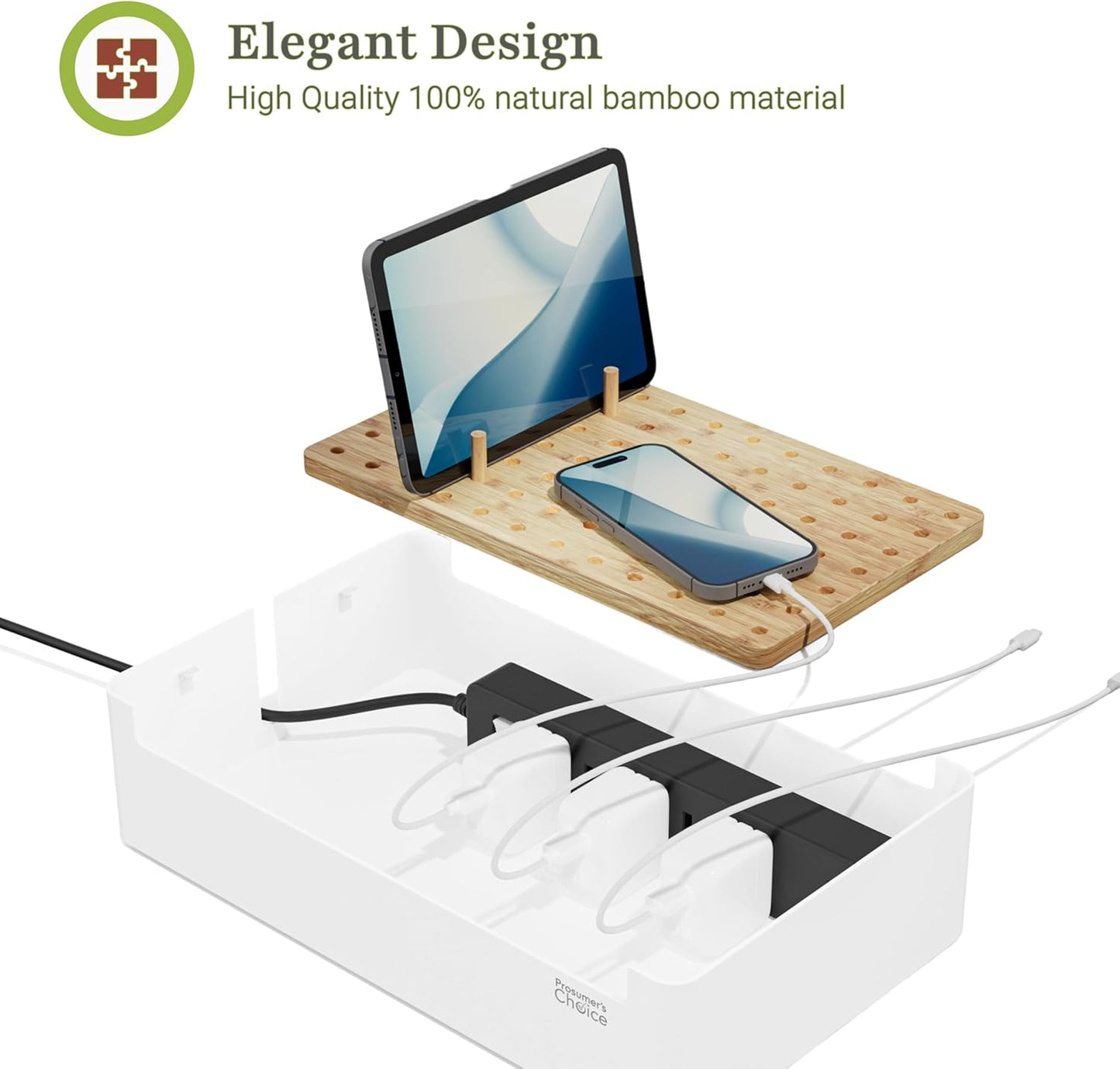 Prosumers Choice Bamboo Charging Station for Multiple Devices - Wooden Charger Organizer with Removable Dividers for Phones, Tablets, and Laptops - 11 Inch Cable Organizer Box - Space-Saving Desk Dock