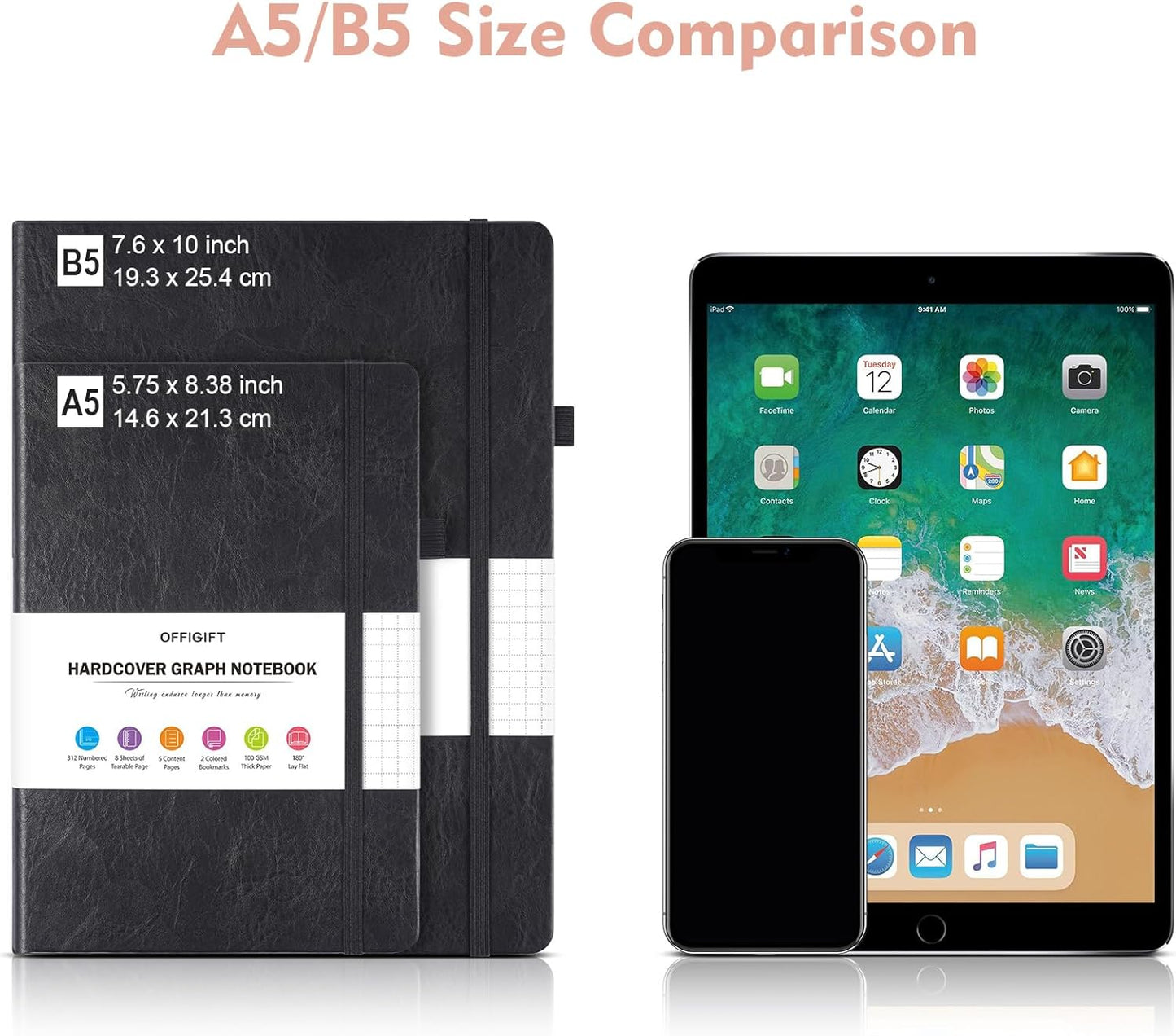 Graph Paper Notebook, 312 Numbered Pages Large A5 Hardcover Leather Journal, 100gsm No Bleed Grid Paper Notebook with Index Pages, Grid Notebook for Graphing Notes Math, 5.75" x 8.38", Pink