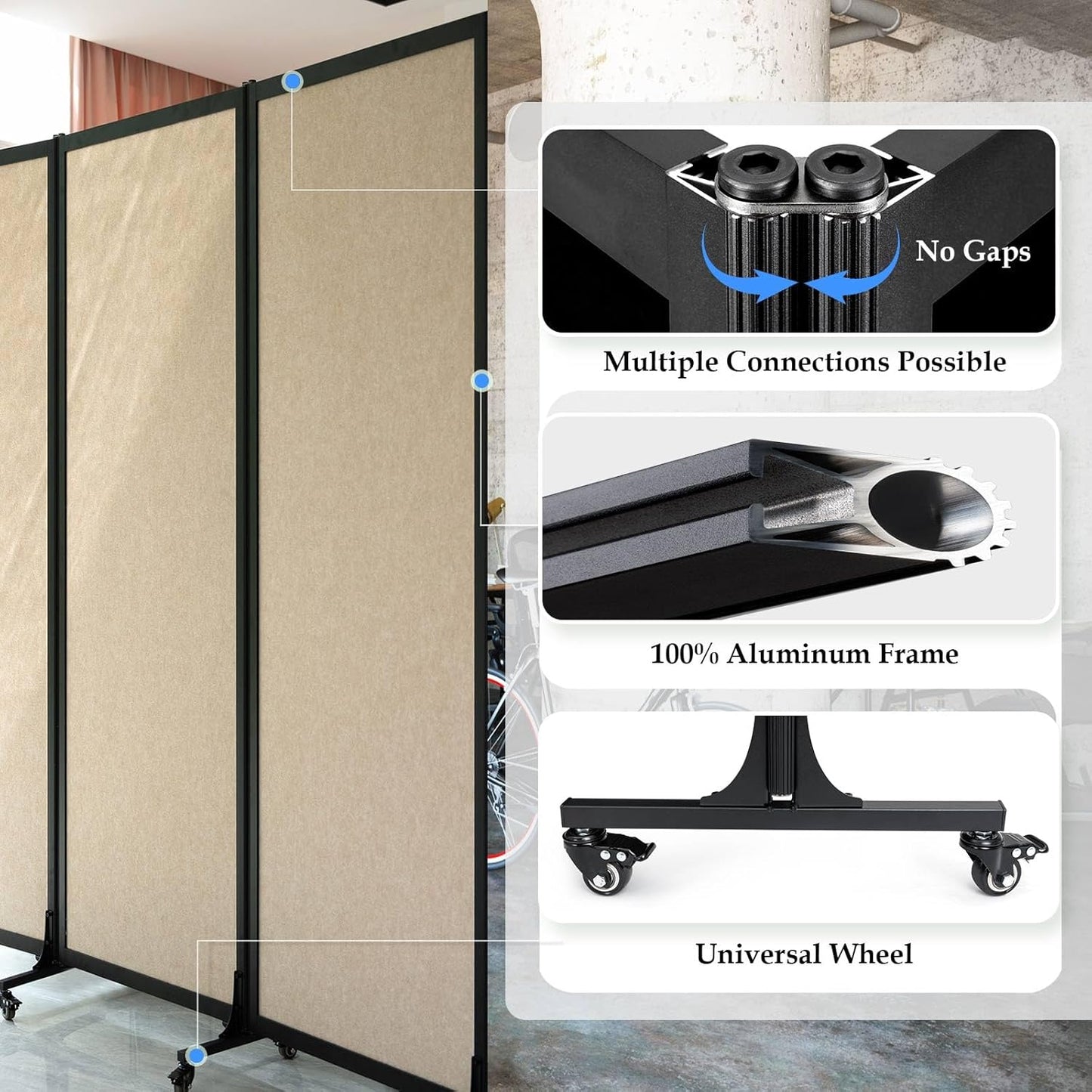 Upgrade Version Room Partition and Divider, Freestanding Rolling Dividers with Wheels,Office Privacy Screen Divider Wall,Classroom Felt Dividers,10'6"L* 6'7"H,5 Panel,Beige
