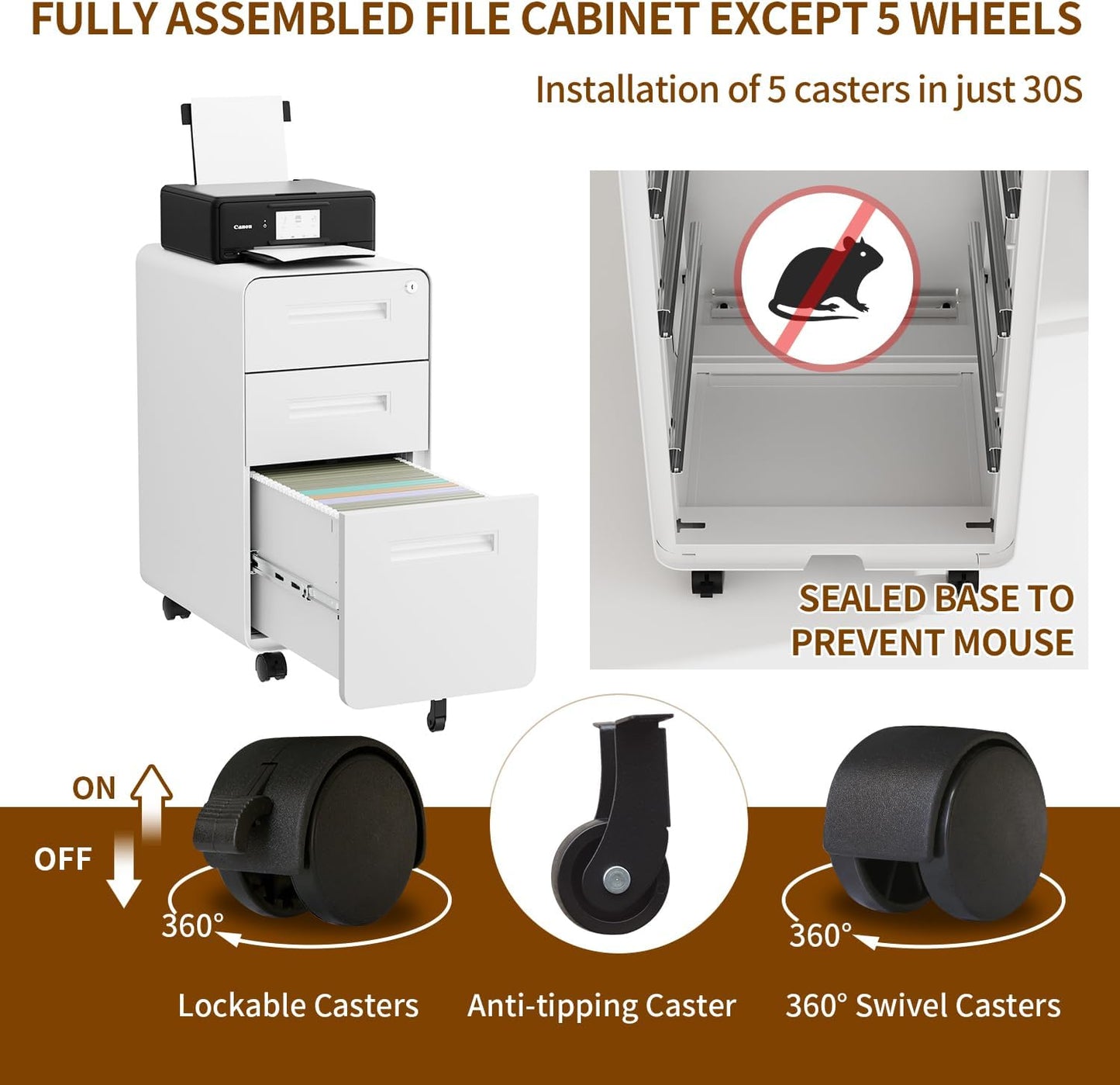 3 Drawer File Cabinet With Lock and 4 Keys, Mobile Metal Filing Cabinet for Home Office, Under Desk, Pre-Assembly, Letter/Legal/A4 Hanging Folders