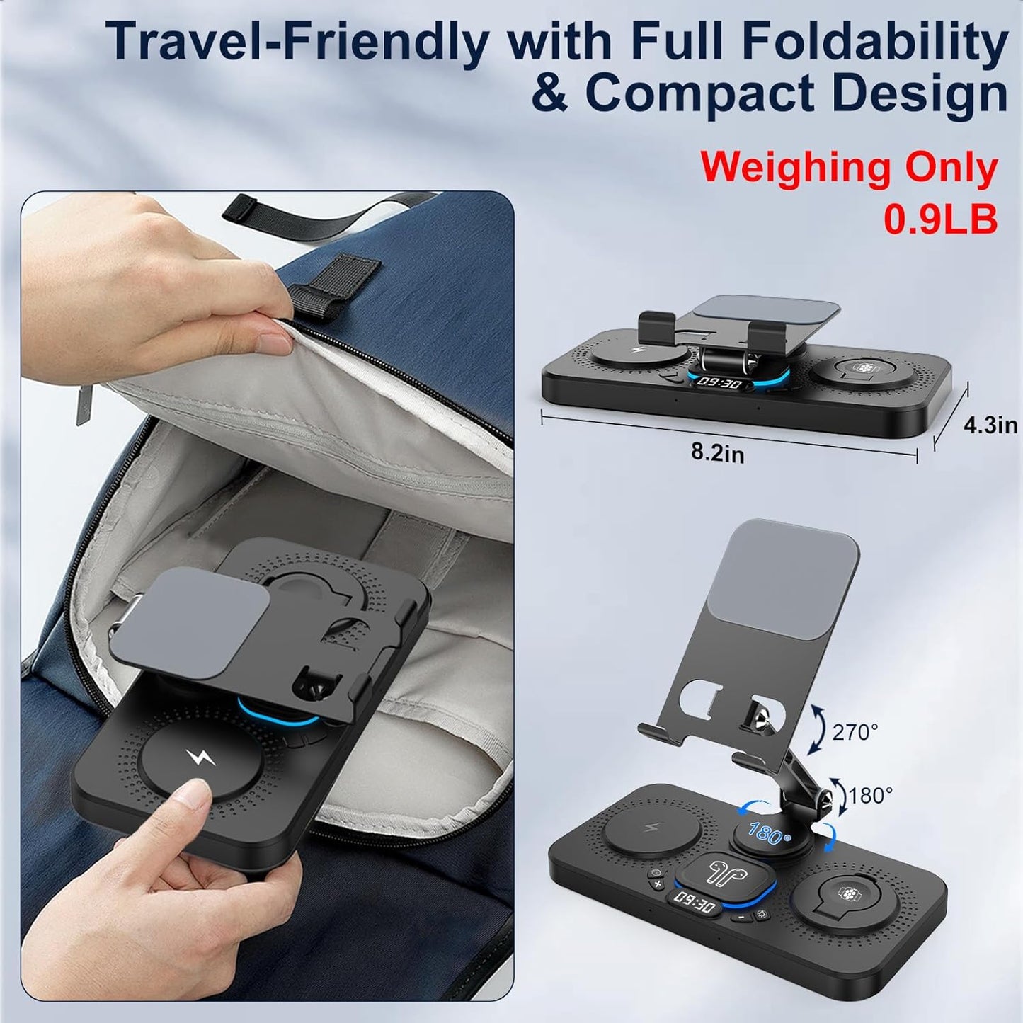 30W Charging Station for Apple Products, Foldable Wireless Charger with Clock Display&7 Color Light, Wired Charging for iPad/Tablet Charging Station for iPhone17, for Apple Watch10 for AirPods4(Black