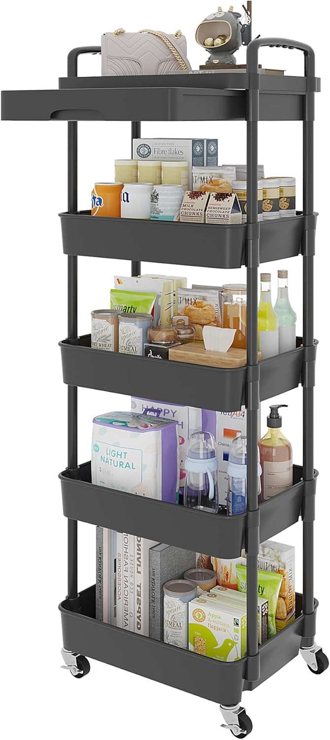 Calmootey 5-Tier Rolling Utility Cart with Drawer,Multifunctional Storage Organizer with Plastic Shelf & Metal Wheels,Storage Cart for Kitchen,Bathroom,Living Room,Office,Black