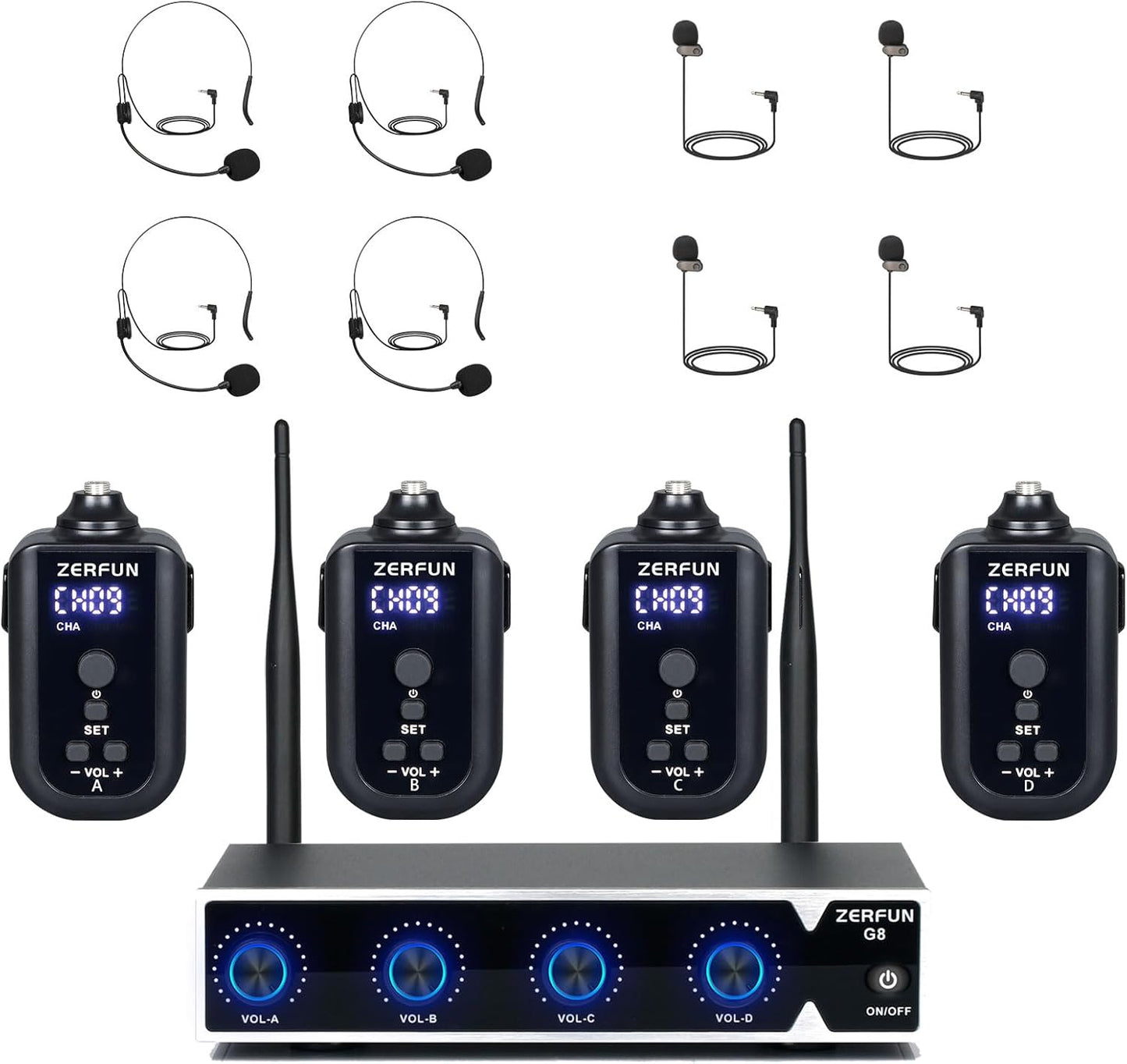 4 Channel Rechargeable Wireless Microphone System, Pro UHF Metal Headset Lavalier Lapel Cordless Mics Handheld for Karaoke Singing Church with VOL Control, 4x50 Adjustable Frequency(G8)