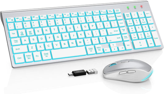 SABLUTE Wireless Keyboard and Mouse Combo Backlit - Compact Quiet Keyboard with RGB Mouse, Rechargeable, Slim, Sleep Mode, Portable Cordless Set for Mac, Windows, Laptop, PC (Silver White)