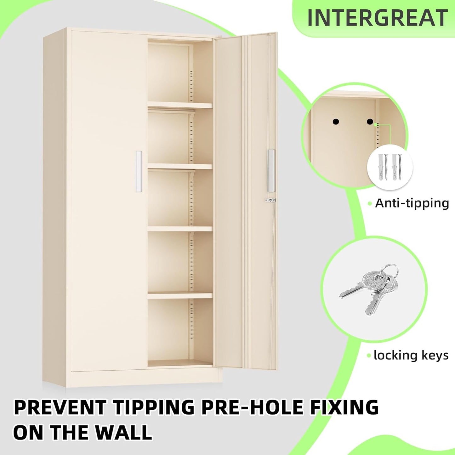 INTERGREAT Metal Storage Cabinet with Doors and Shelves,72" H Gray Steel Tool Locking Cabinet, Metal Storage Cabinets for Home Office, Warehouse, School