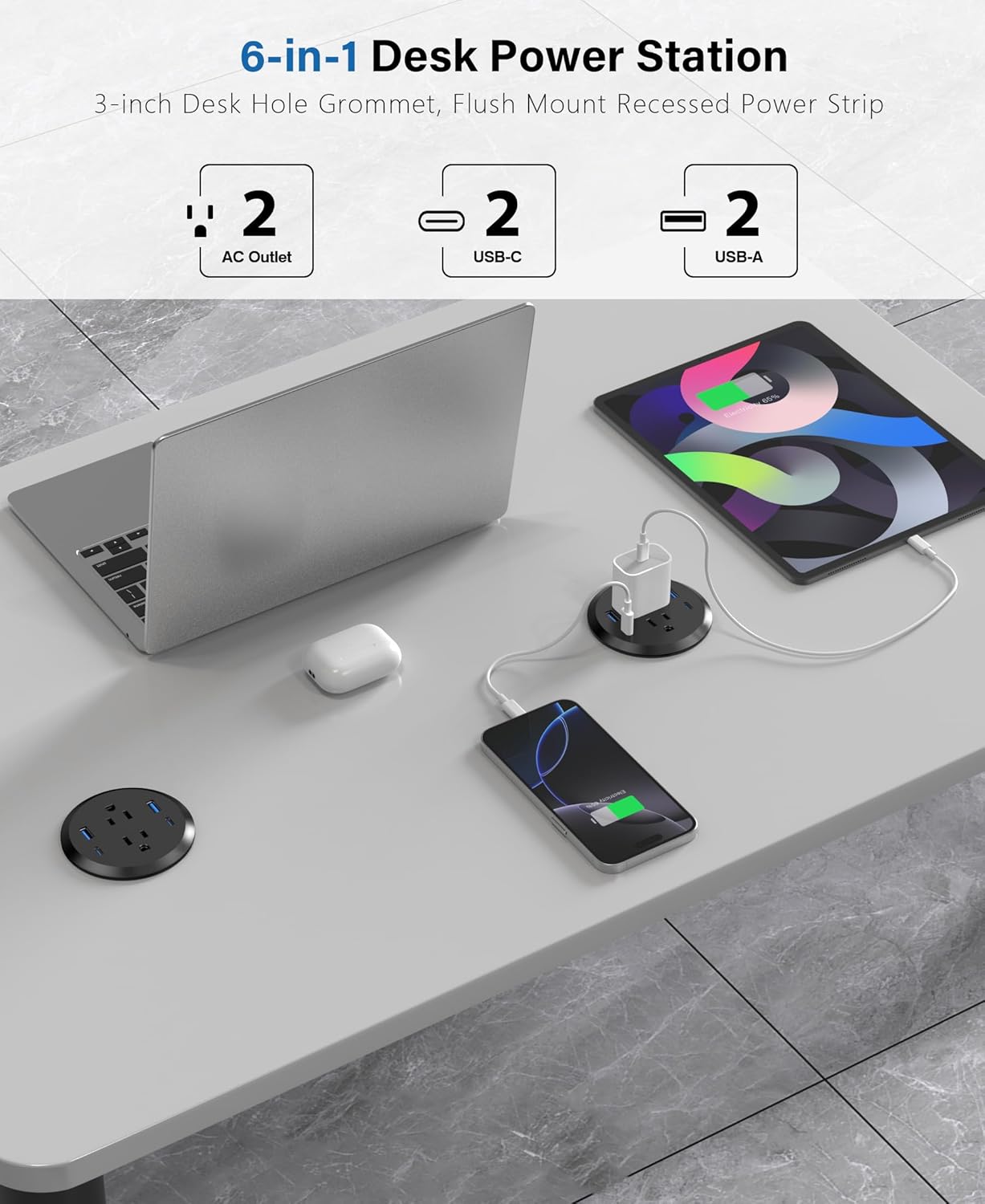 3 inch Desktop Power Grommet with PD 20W USB C,Furniture Recessed Power Strip,2 Outlets,4 USB Ports,40W Total,Flush-Mount for Desktop, Workspace Essential Desk Outlet (Black, 6 FT Cable)