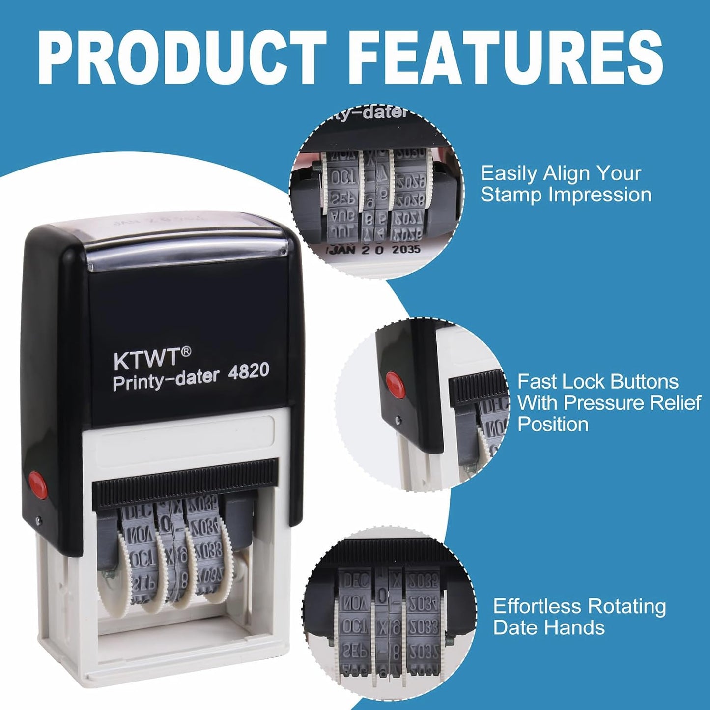 KTWT Self Inking Date Stamp Printy 4820 - Black Ink, Months in Letters, Characters 4mm, Imprint Black, Great for Shipping, Receiving, Expiration and Due Dates