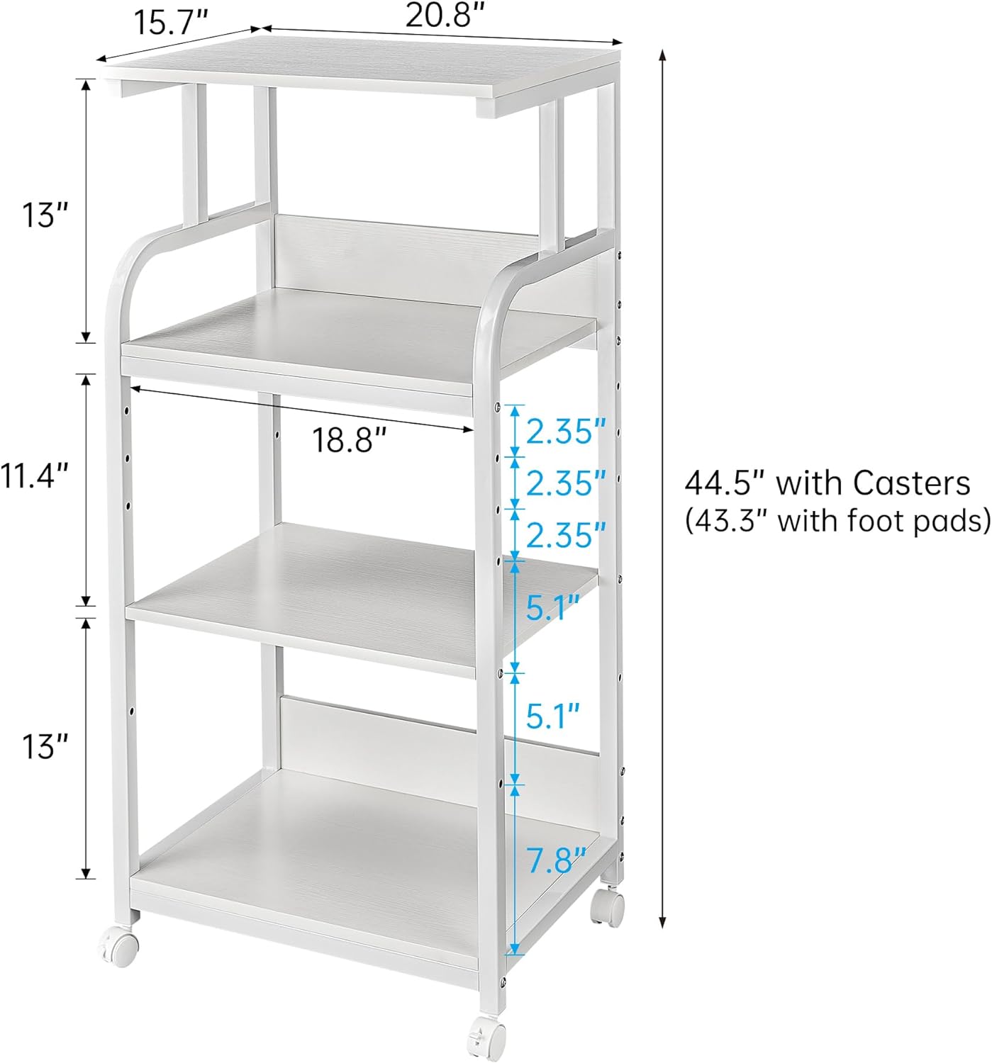 4 Tier White Printer Stand Table with Adjustable Shelves, Movable Printer Shredder Stand with Wheels for Home Office Storage and Organization, Rolling Cart for Computer Tower CPU