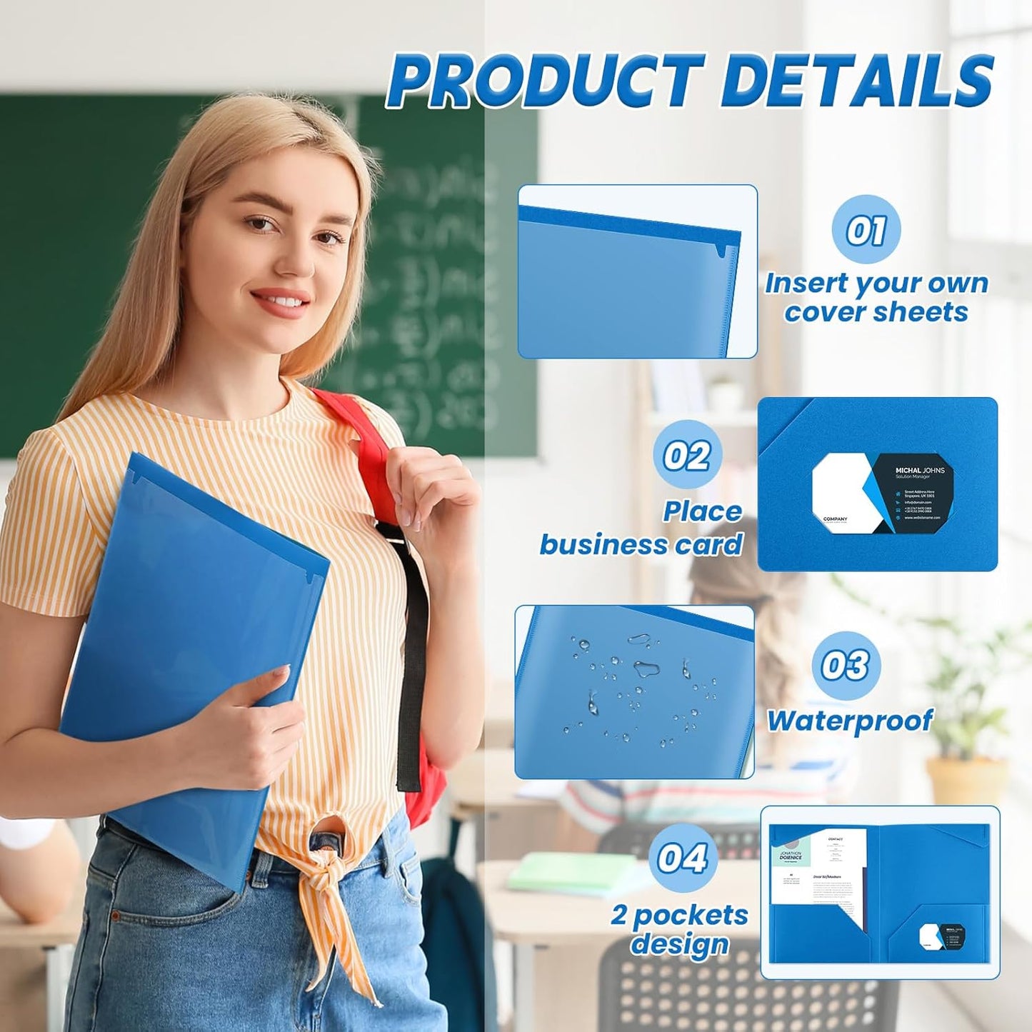 Henoyso 60 Pcs Plastic Folders with Clear Front Pockets Heavy Duty File Folders with 2 Pockets and Card Slot for Student Communication School Office Presentation Report (Blue)