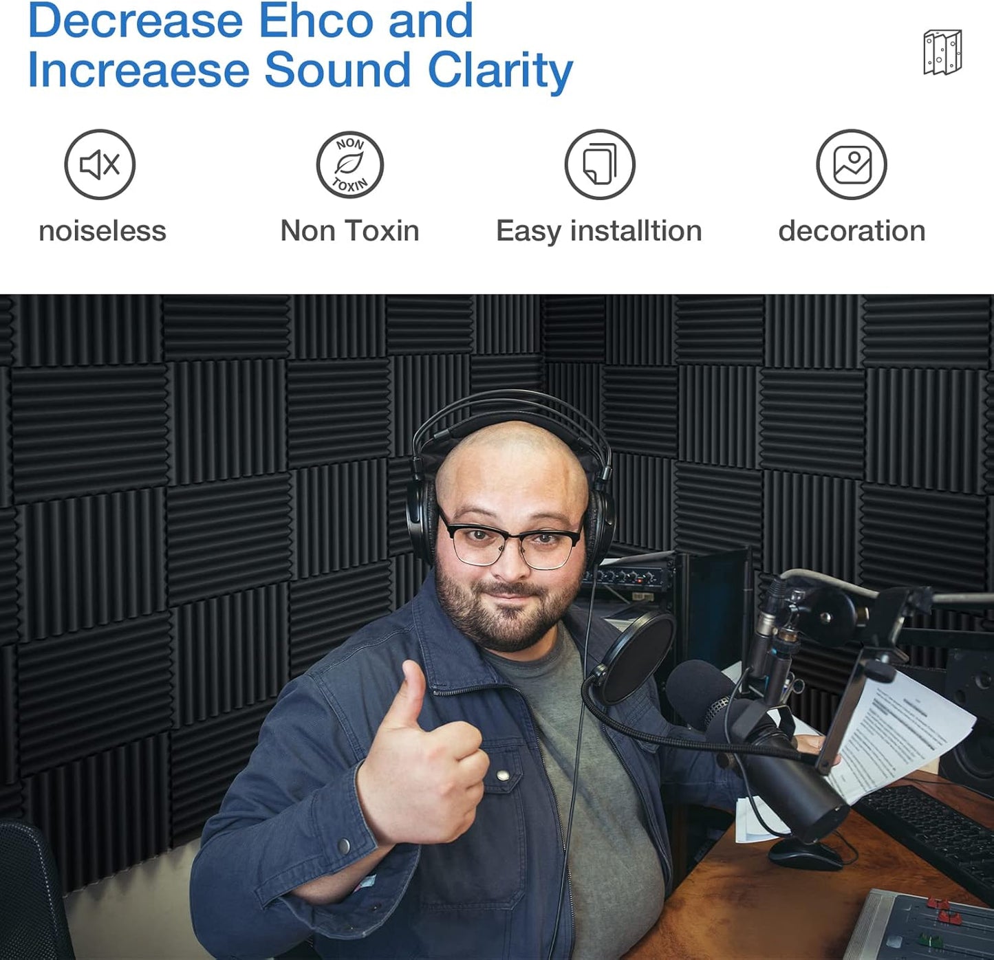 24 Pack Self-Adhesive Acoustic Panels - 2"X 12"X 12"Wall Panels - Quick-Recovery and High Density Sound Panels - Sound proof Acoustic Foam for Home Studio - Black and Gray