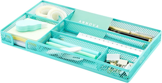 Annova Desk Drawer Organizer Tray for Office Organization - Metal Mesh - Storage Tray with Dividers for Pens, Desktop Accessories, Bathroom, Kitchen, Makeup and Office Supplies (Small, Turquoise)