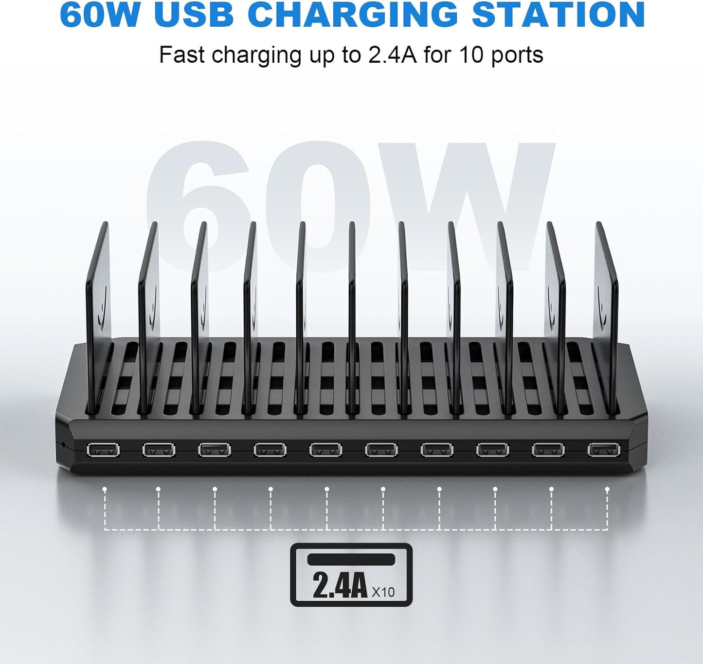 Charging Station for Multiple Devices, Cinlinso 60W 10 Port USB Fast Charging Station with Adjustable Dividers, Compatible with iPhone, iPad, Tablets and Cell Phone (Black)