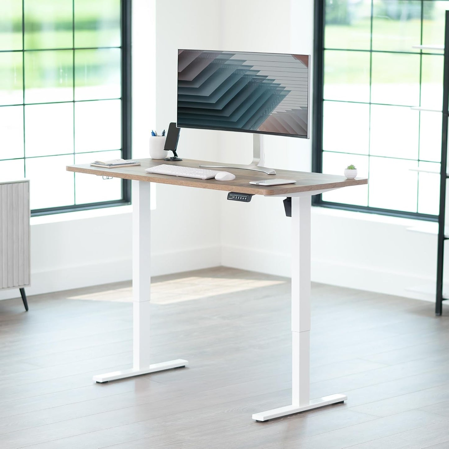 VIVO Electric 55 x 28 in Standing Desk, Memory Height Adjustment, 1B Series, One-Piece Reclaimed Wood Top, White Frame, DESK-KIT-1W55P