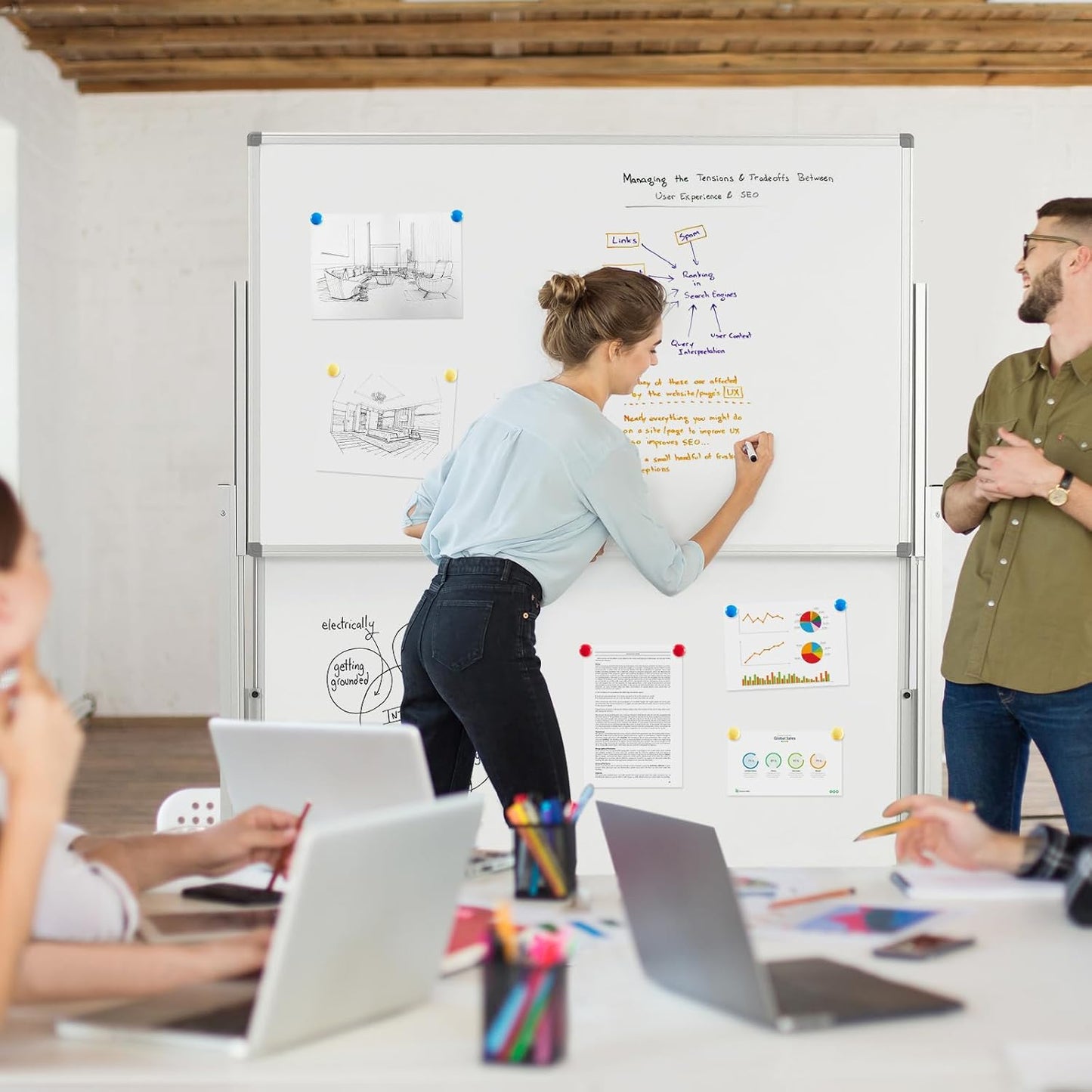 MAKELLO Rolling Whiteboard on Wheels 60x48 in, Large Dry Erase Board with Stand, Double Sided Magnetic White Board for Office School Home, Height Adjustable, Aluminum Frame, 5'x4'