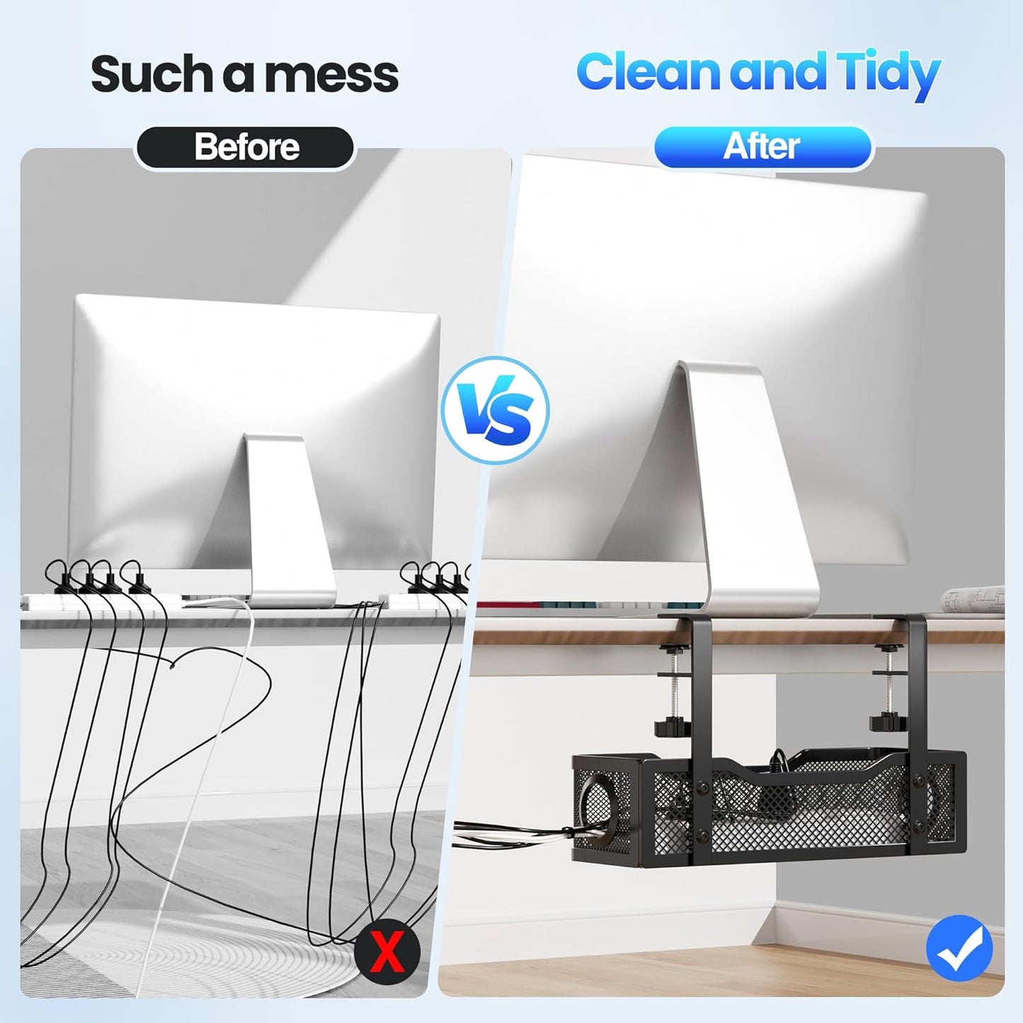 Cable Management Under Desk Tray, No Drill Cable Management Box With Clamp for Wire Organization, Cord Organizer for Office, Home - No Damage to Desk (Black)