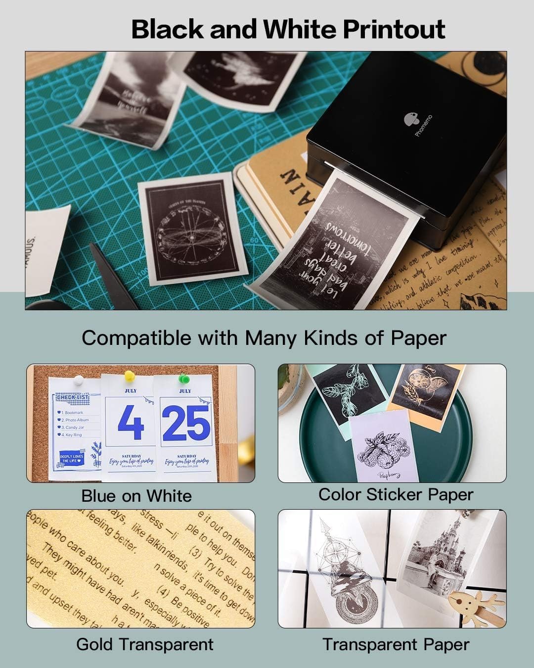 Phomemo Mini Sticker Printer- Mini Printer Sticker Maker Machine M02, Print Pods Suitable for Creative DIY, Diaries, Photos, Study Notes, Portable Thermal Inkless Label Maker for Home/Travel, Black