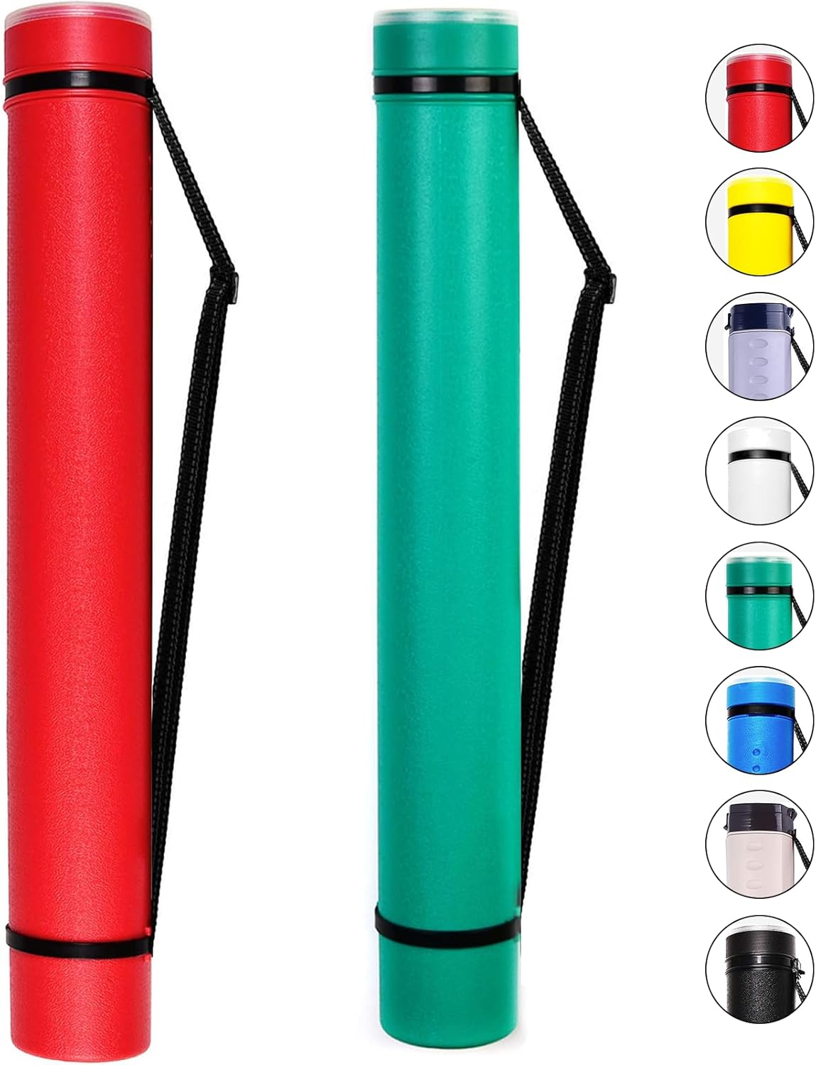 2-Pack Extendable Poster Tubes Expand from 24.5” to 40” with Shoulder Strap | Carry Documents, Blueprints, Drawings and Art | Red and Green Portable Durable Round Storage Cases with Lids and Labels