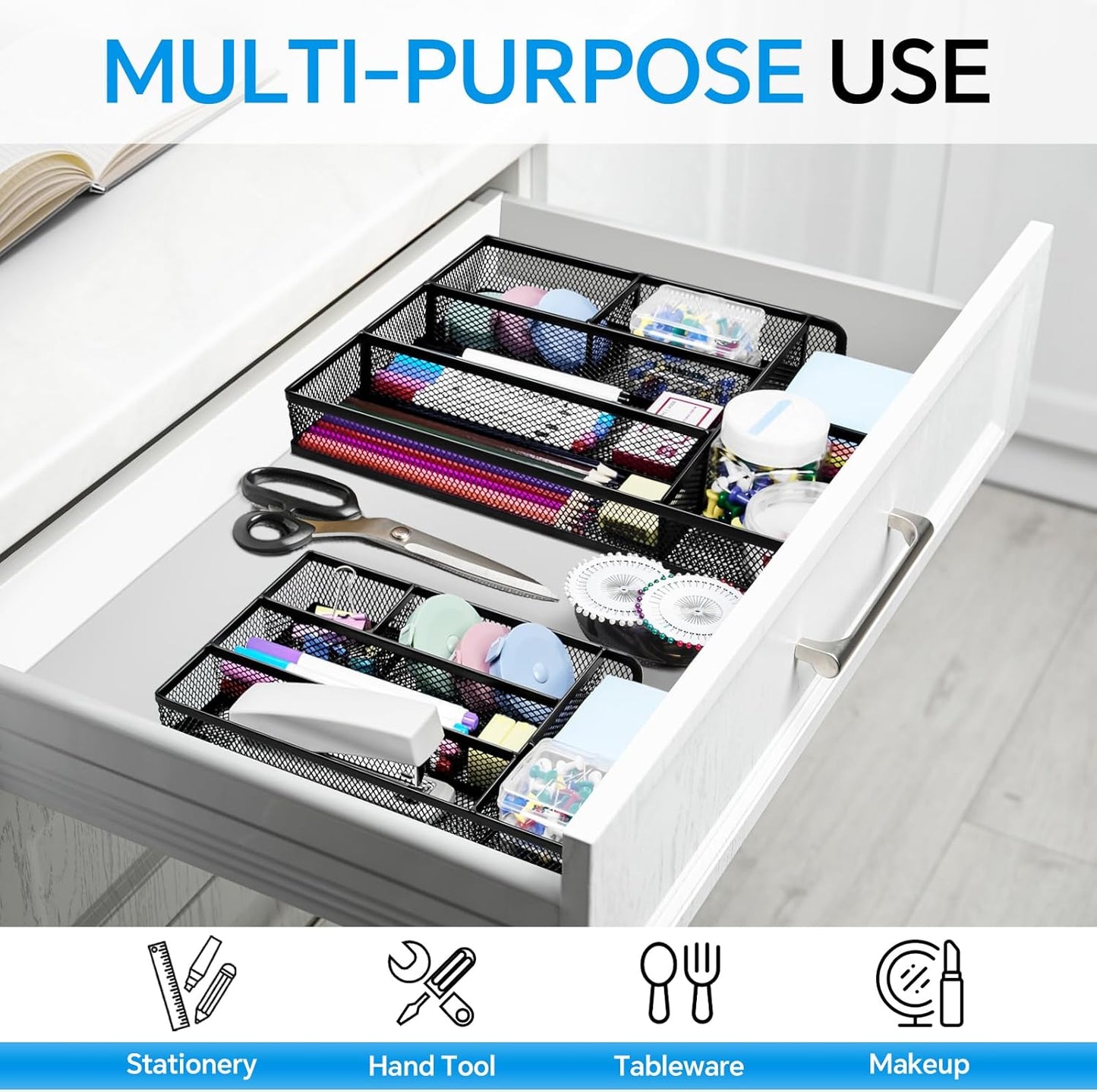 Desk Drawer Organizer, Office Drawer Divider Organizer Tray with 6 Compartments, Metal Mesh Desktop Organization and Accessories for Stationery Makeup Kitchen Toolroom School ＆Office, 12.6x8.27x1.6 in