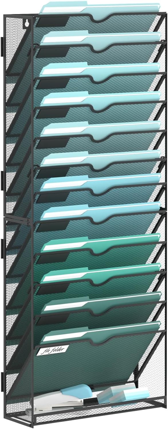 SUPEASY 13-Tier Wall File Organizer, Hanging Wall Files for Papers, Folders, Magazines, Wall Organizer for Clipboard, Assembly Needed, Black
