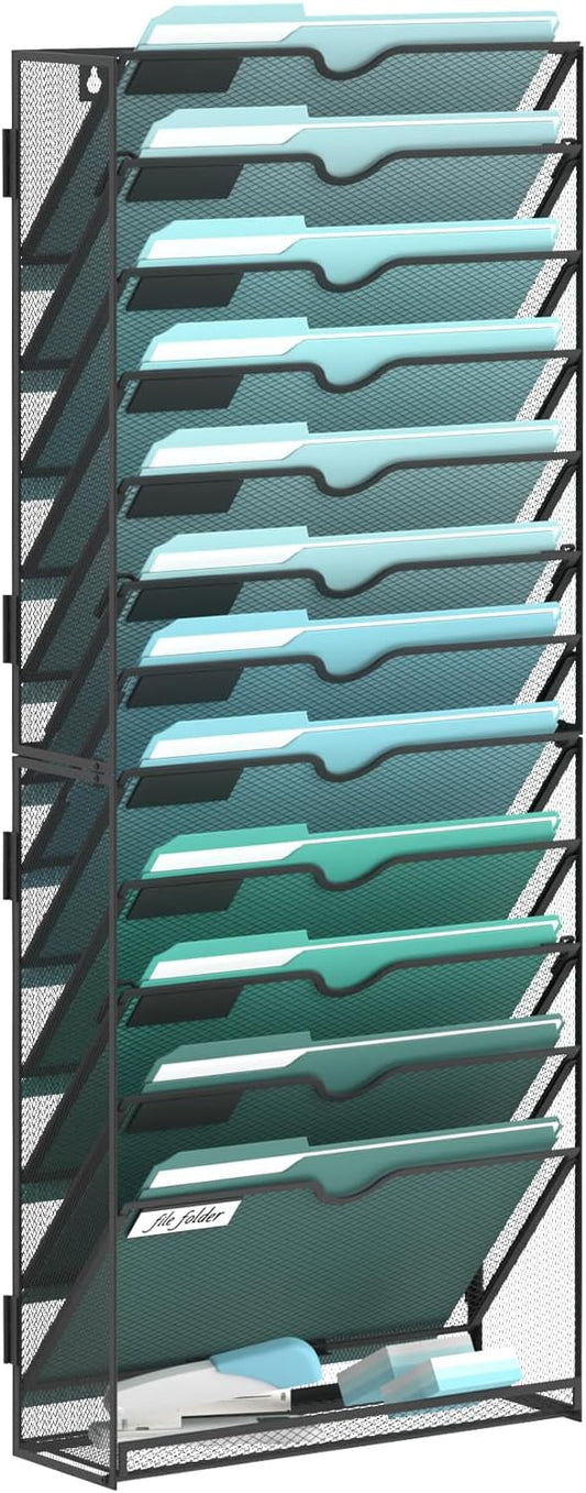 SUPEASY 13-Tier Wall File Organizer, Hanging Wall Files for Papers, Folders, Magazines, Wall Organizer for Clipboard, Assembly Needed, Black