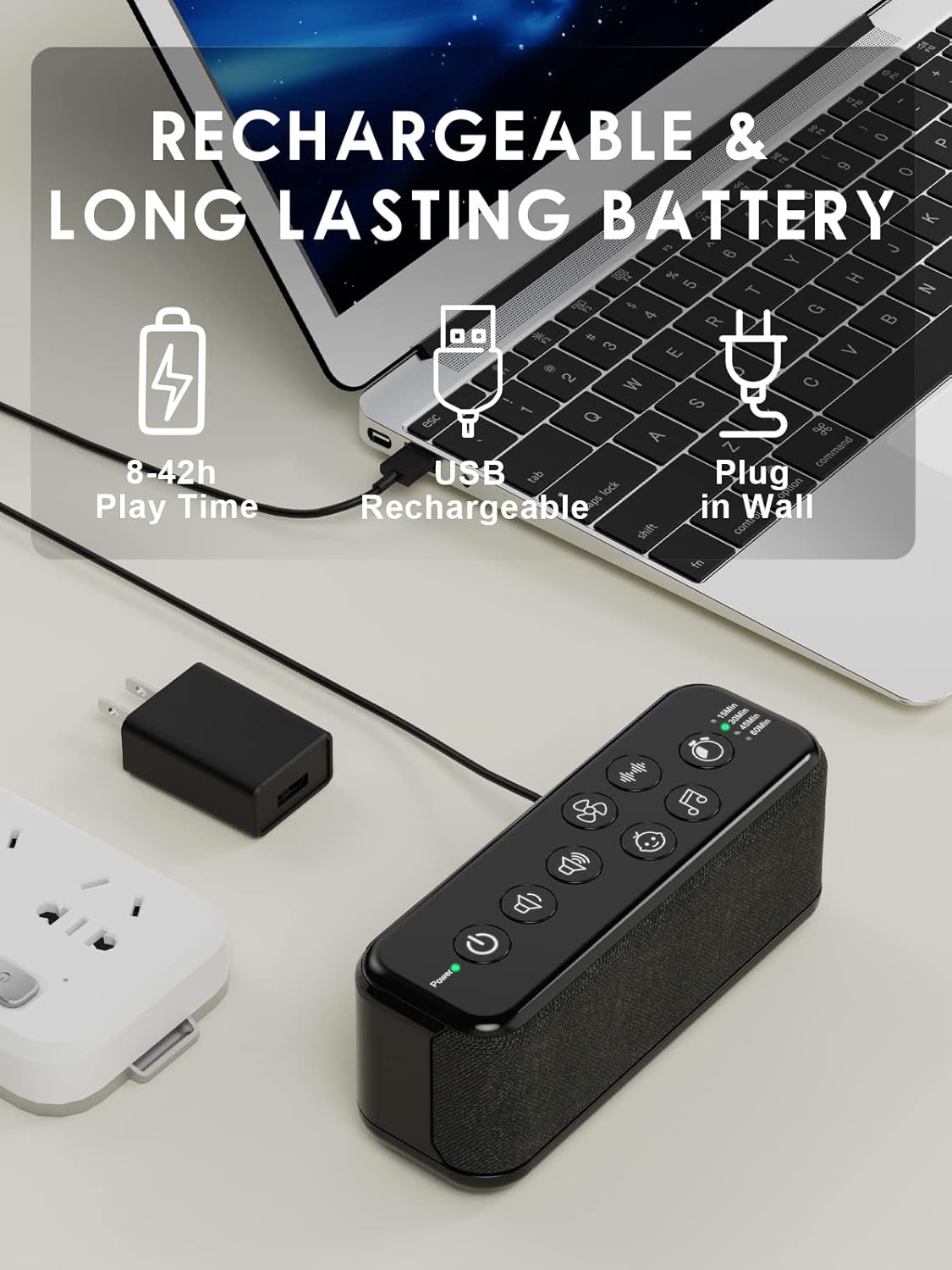 Portable White Noise Machine for Adults & Kids, 42 Soothing Sounds, Rechargeable Travel Sound Machine with Rain & Ocean Sounds, Auto-Off Timer & 8-Level Volume Control – Ideal for Sleep & Focus