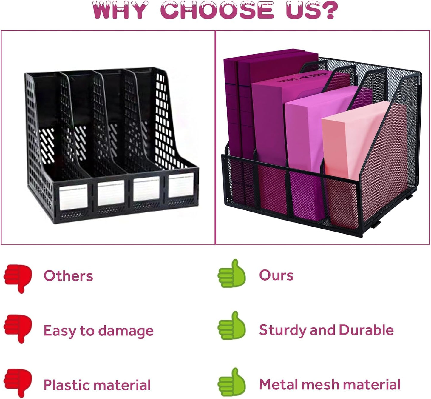 Desk Organizers, Metal Magazine File Holder with 4 Vertical Compartments Rack Binder File Organizer for Office Supplies, Home Workspace - Black