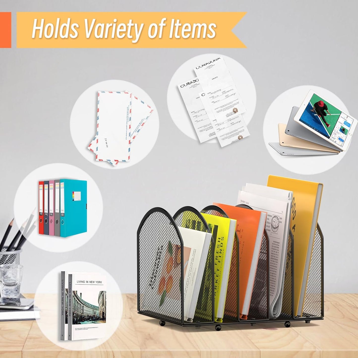 Desk File Organizer 5 Sections Desktop Organizer File Mail Sorter Office Organization File Folder Holder for Office School & Classroom (Black, 5 Section - 2Pack)