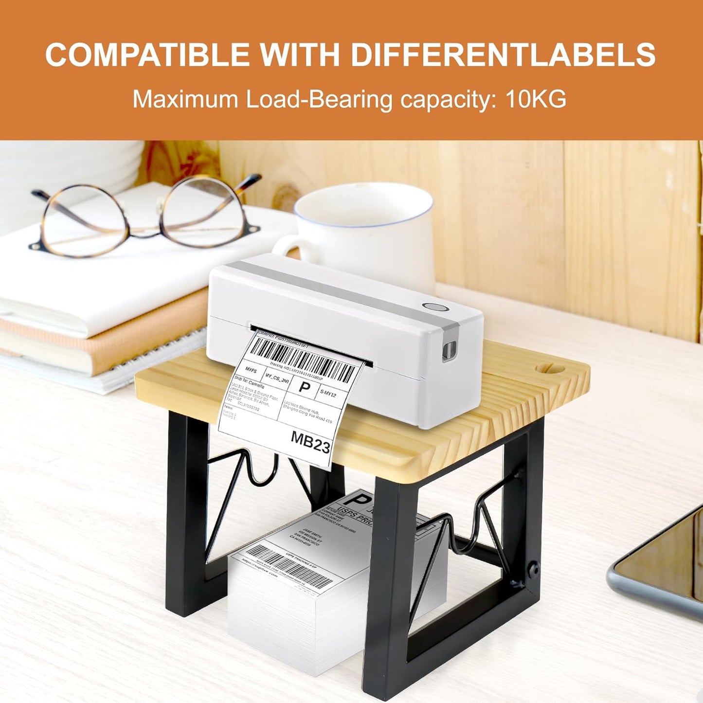 Label Holder for Rolls and Fanfold Labels, Thermal Label Holder Thermal Printer Stand Accessory for Desktop, Ecommerce, Small Business