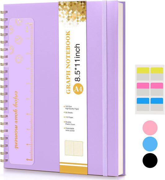 Graph Paper Notebook, Spiral Notebook Journal 8.5” x 11”, A4 Large Grid Notebooks for Women Men, 100 GSM Graph Paper, Plastic Hardcover Spiral Graphing Journals for Work School Engineerin, Purple