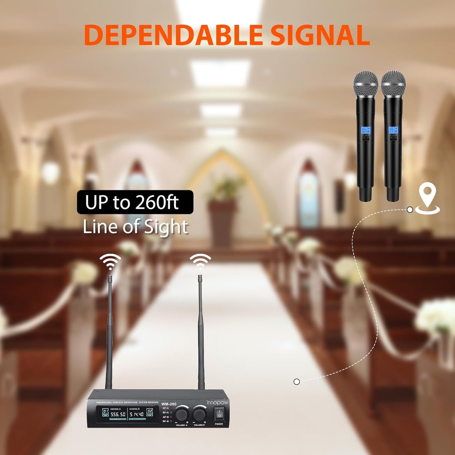 Wireless Microphone System, Dual UHF Metal Cordless Mic Set, Long Distance 150-200Ft,16 Hours Continuous, Fixed Frequency, Use for Karaoke Singing, Family Party,Church …