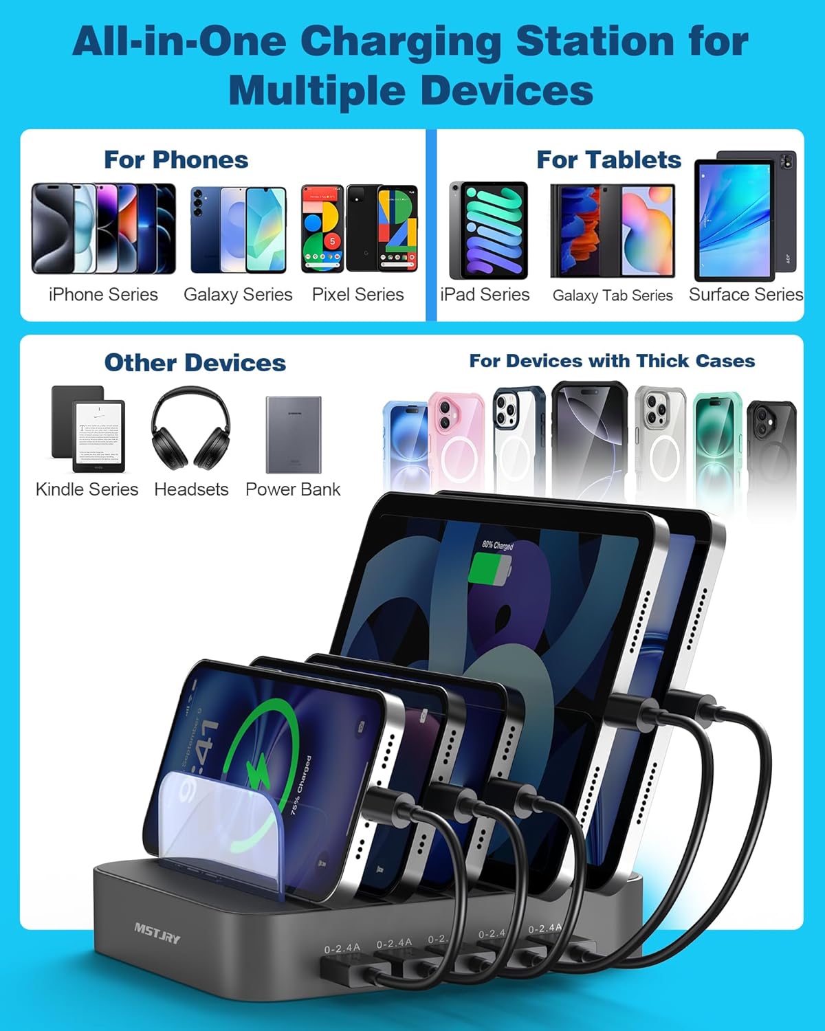 MSTJRY Charging Station for Multiple Devices : 5 Port Multi USB-A Charger Stations Multi-Device Organizer Charging Dock Designed for iPhone iPad Cell Phone Tablets (7 Short Cables Included), Gray