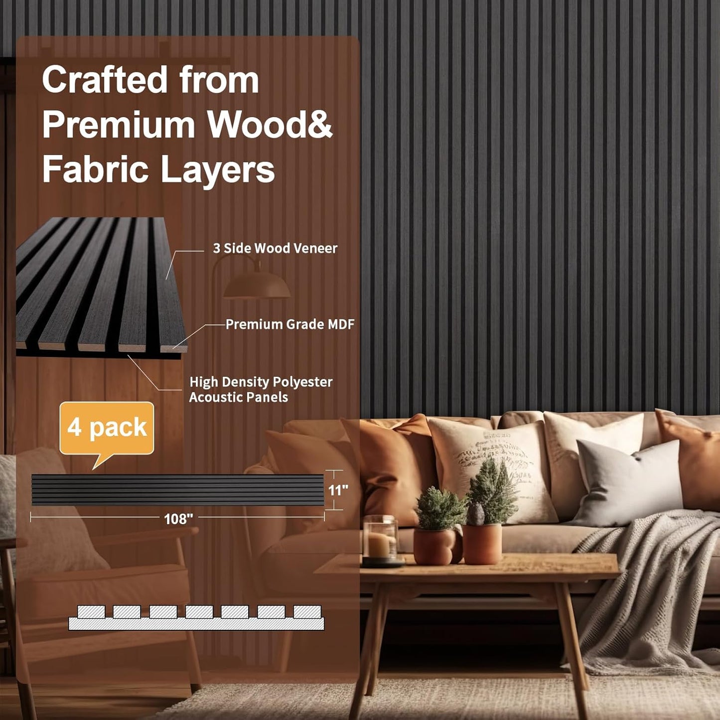 Yuzzy Wood Panels for Wall and Ceiling - 108 x 11 Inch Wood Slat Acoustic Panels 4 PCS - Modern Sound Absorbing Wall Panels for Interior Wall Decor for Home, Office, Studio - Rustic Black Oak