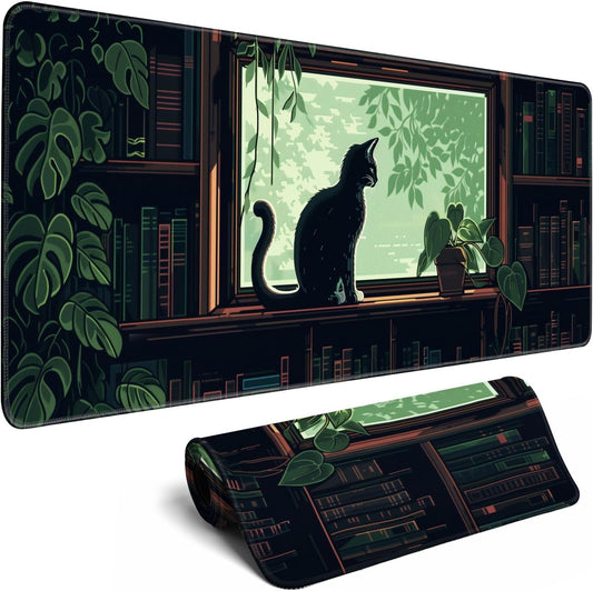 XL Mouse Pad Gaming Kawaii Cute Pixel Cat Outdoor Extra Large Mousepad (31.5x11.8 in), Green Desk Mat Anime Pad Home Office Decor Mouse Pad Stitched Edges Smooth Surface Non-Slip Bottom Mat