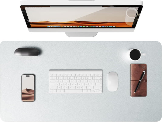 YSAGi Leather Desk Pad Protector, Office Desk Mat, Large Mouse Pad, Non-Slip PU Leather Desk Blotter, Laptop Desk Pad, Waterproof Desk Writing Pad for Office and Home (Silver, 23.6" x 13.8")