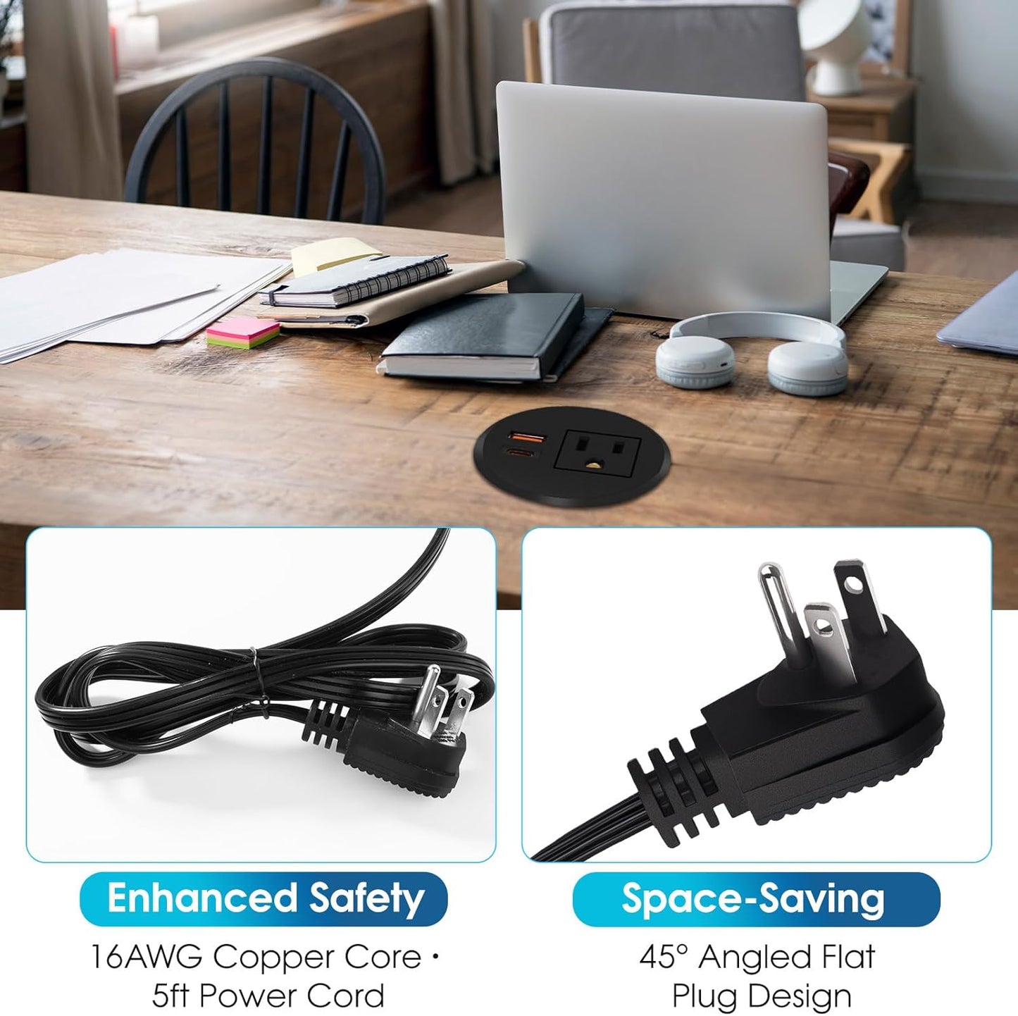 Desk Power Grommet 2.5‘’ Hole, Desktop Power Grommet, USB C 20W Fast Charging Station, Recessed Power Strip for Desk, Furniture, Office Table, Work & Living Space Essential (1 Pack)