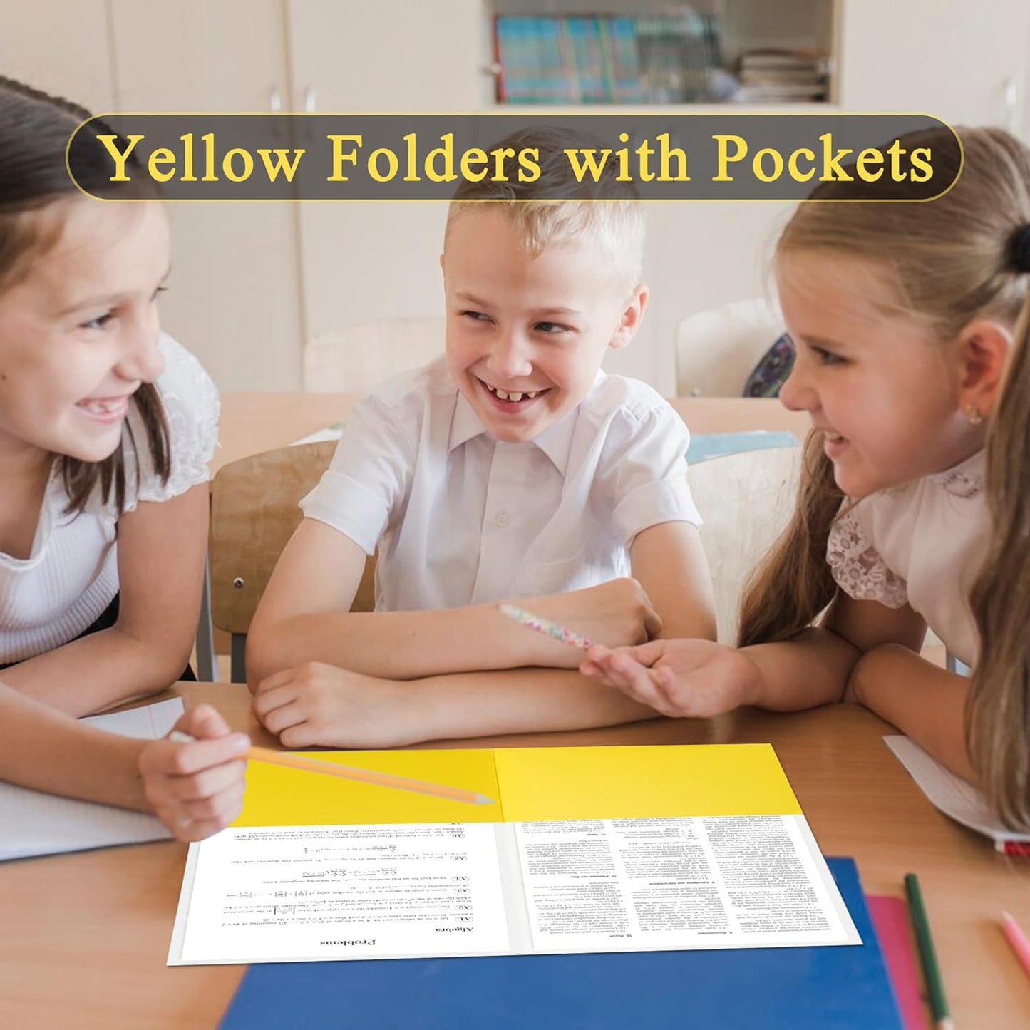 Zzrywuty 50 Packs Two Pocket File Folders with Business Card Slot,Textured Paper,Letter Size,Holds 100 Plus Sheets for School,Office,Business,Yellow