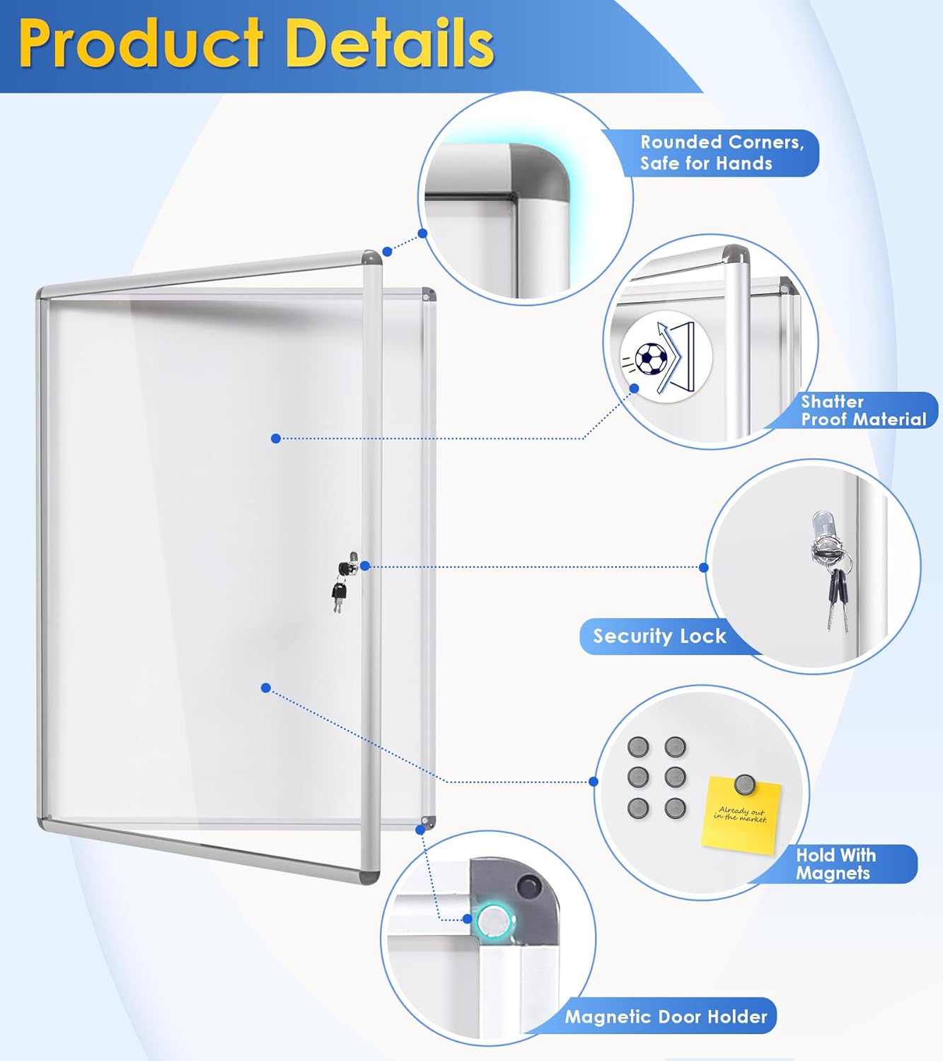 SWANCROWN Locking Bulletin Boards Enclosed Noticeboard White Glass Message Boards Indoor for School Office 38x28inch(9xA4)