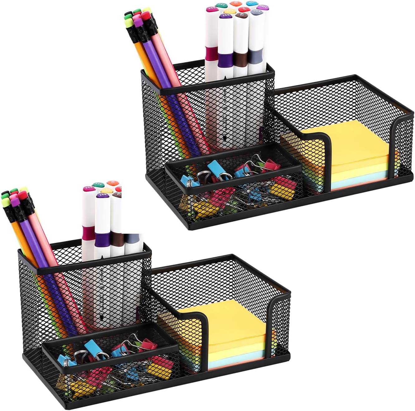 2 Pieces Pen Holder for Desk Mesh Metal Pencil Holders Pen Cup Marker Holder Desk Caddy with Sticky Notes Holder Pen Organizer for Office Supplies Workspace School Home Black