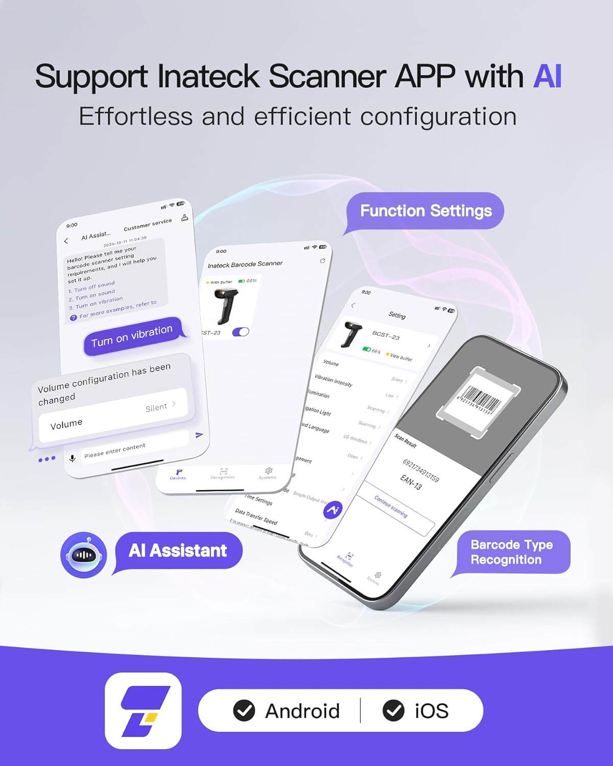 Inateck 2D Barcode Scanner, Wireless Bluetooth QR Barcode Scanner, Handheld Scanner with APP and SDK, 1 Charge for 3 Months, BCST-23 Dark Gray