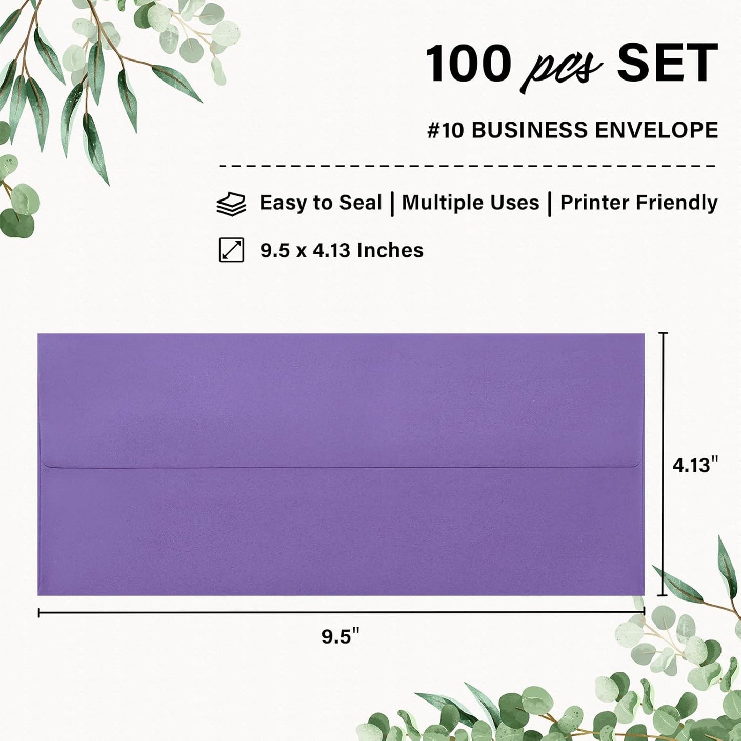 100 Pack #10 Business Envelopes, Self Seal Standard Purple Envelopes for Secure Business & Legal Mailing, Office, Checks, Letter, Invoices, 4 1/8 x 9 1/2 Inches