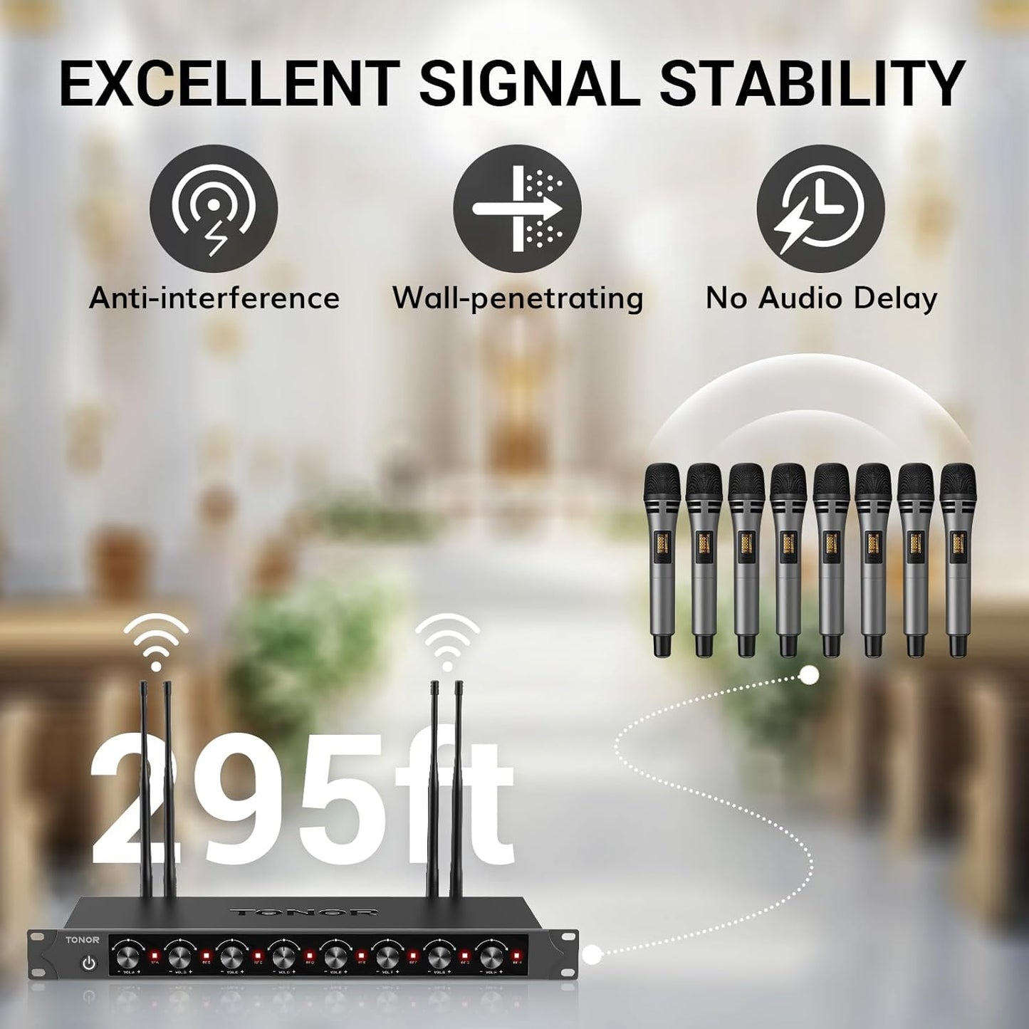 TONOR Wireless Microphones System with 8x12 Channels Cordless Handheld Microfono Inalambrico, 295FT UHF Range, Mics with Stable Signal, Quick Mute for Karaoke Singing Party Church Wedding PA Speaker