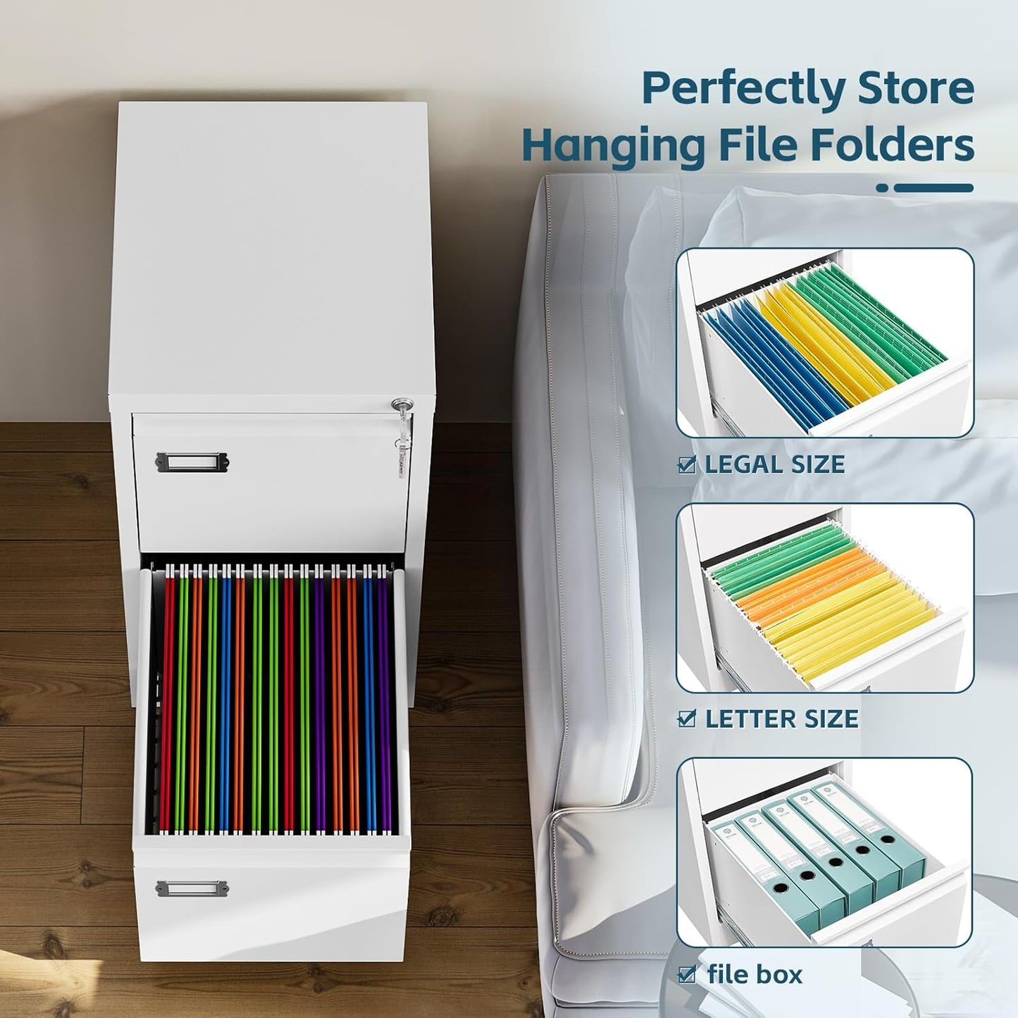 MIIIKO White 2 Drawer File Cabinet, Vertical Filing Cabinet with Lock, Home Office Storage Cabinet for Letter Legal A4 File Size