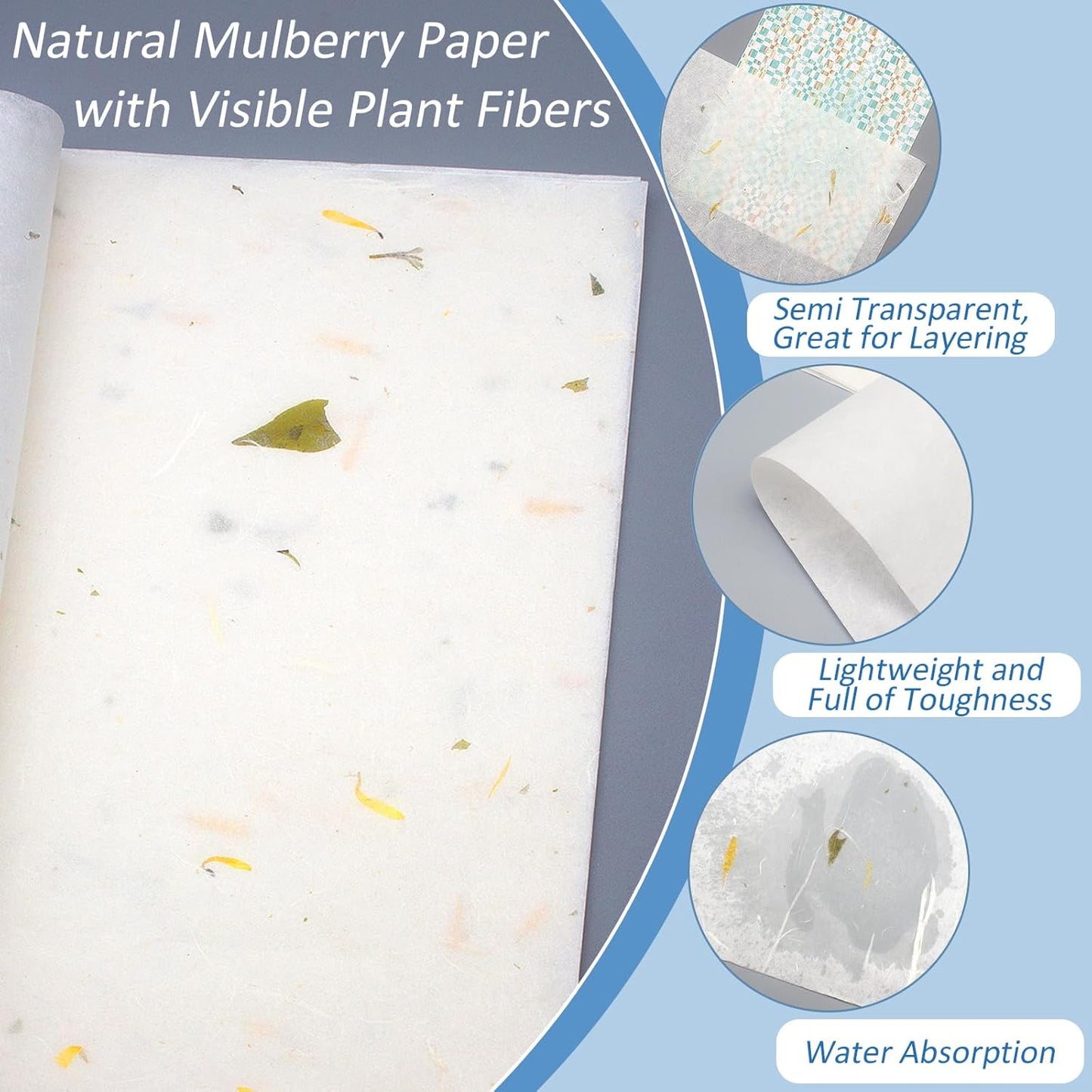 Benvo 50 Sheets A4 Natural Mulberry Paper Visible Leaves Fiber Rice Paper Printable Decoupage Tissue Paper Sheets for Writing, Painting, Card Making, DIY Crafts(8.3x11.7in, Semi Transparent Off White)