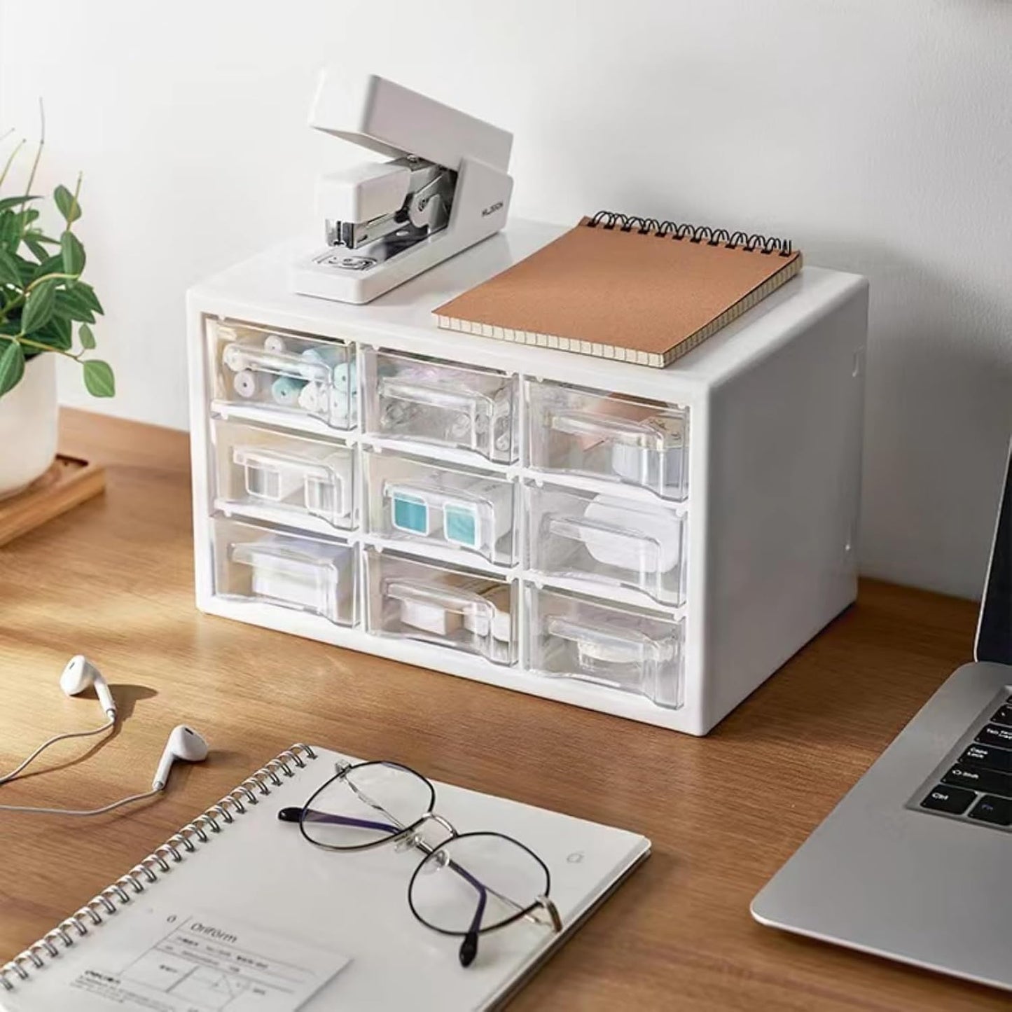 Feadily 1PCS Large Drawer Organizer for Desk, Desktop Drawer Organizer with 9 Clear Drawers, Plastic Desktop Storage Drawers 10.04 Inch x 6.30 Inch x 6.10 Inch, White
