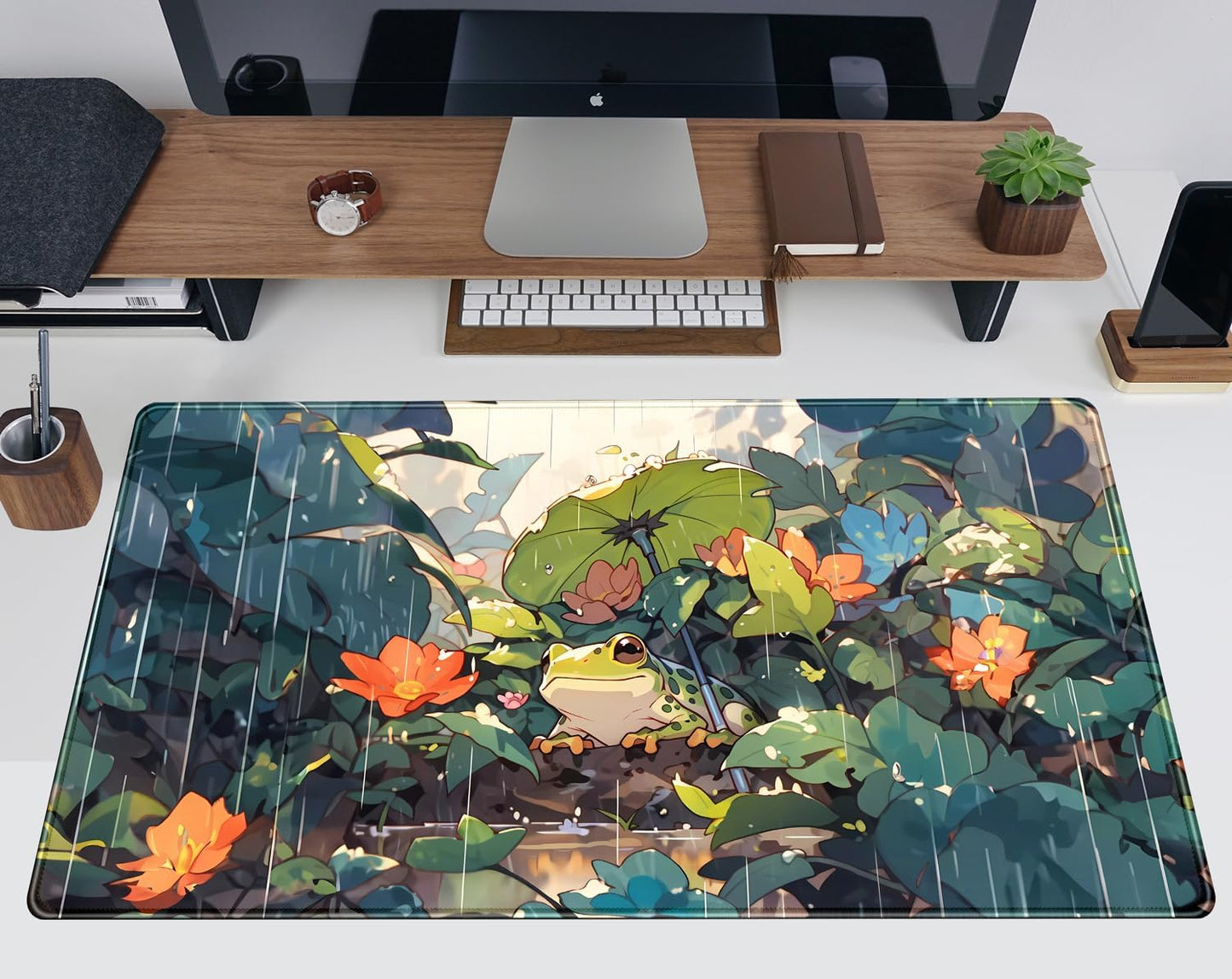 Anime Frog Mouse Pad Desk Mat Cure Frogs On Rainy Days Green Desk Decor Mat, Large Gaming Mouse Pad for Desk Computer Keyboard Laptop, Desk Decor Home Office Accessories for Girl with Stitched Eges